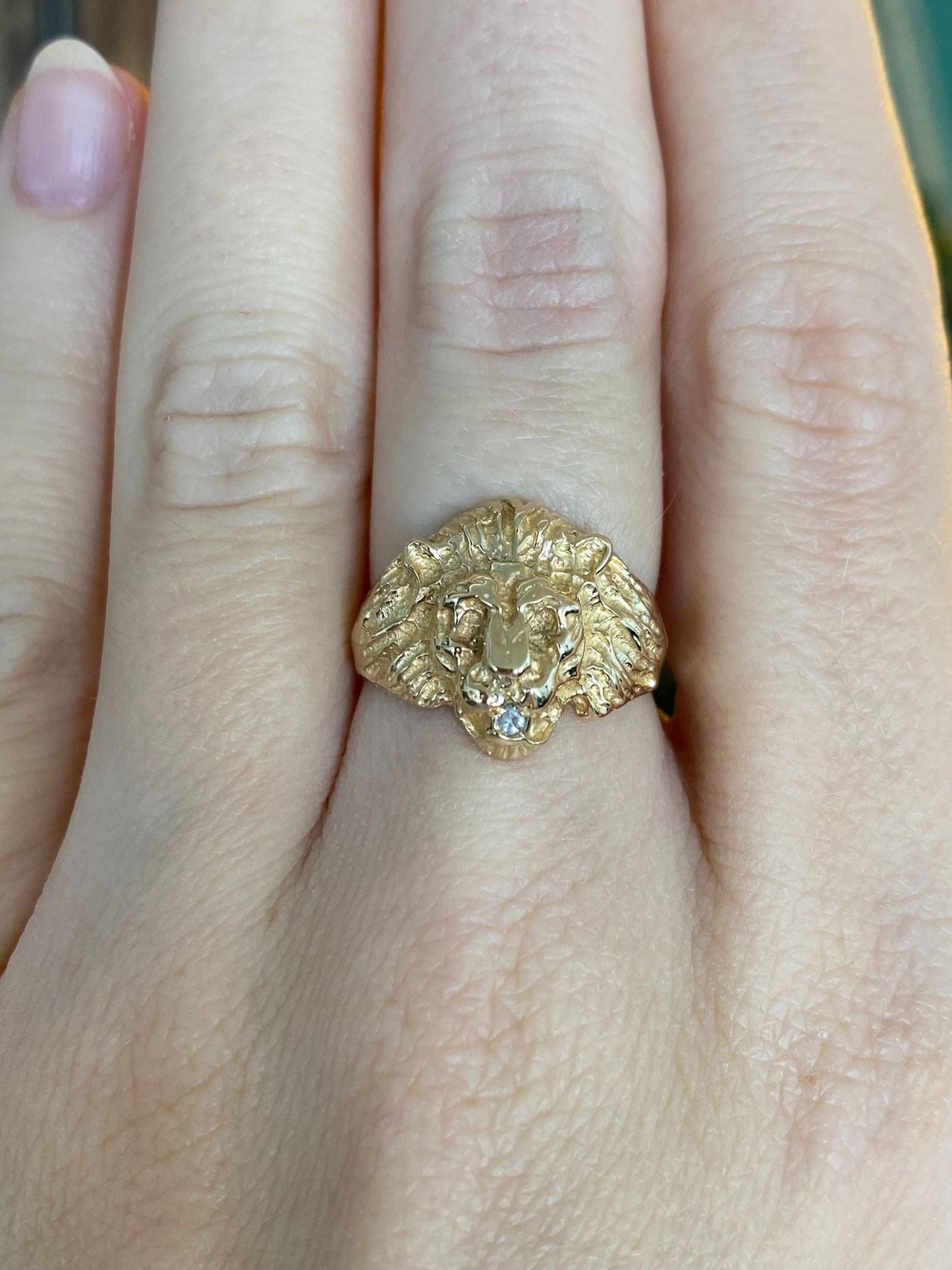 Vintage Solid 14k Yellow Gold Diamond Mouth Lion Ring - Size 5.75