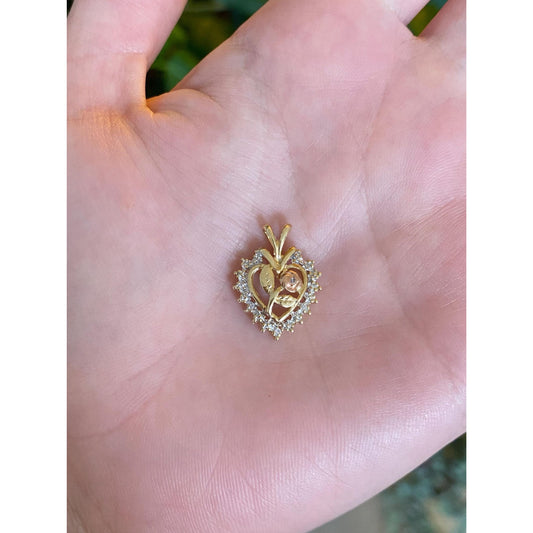 Vintage Solid 10k Tri Tone Gold Diamond Rose Heart Charm