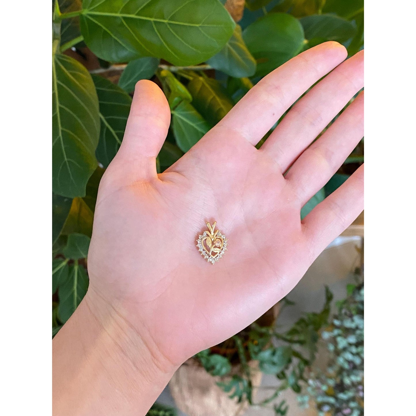 Vintage Solid 10k Tri Tone Gold Diamond Rose Heart Charm