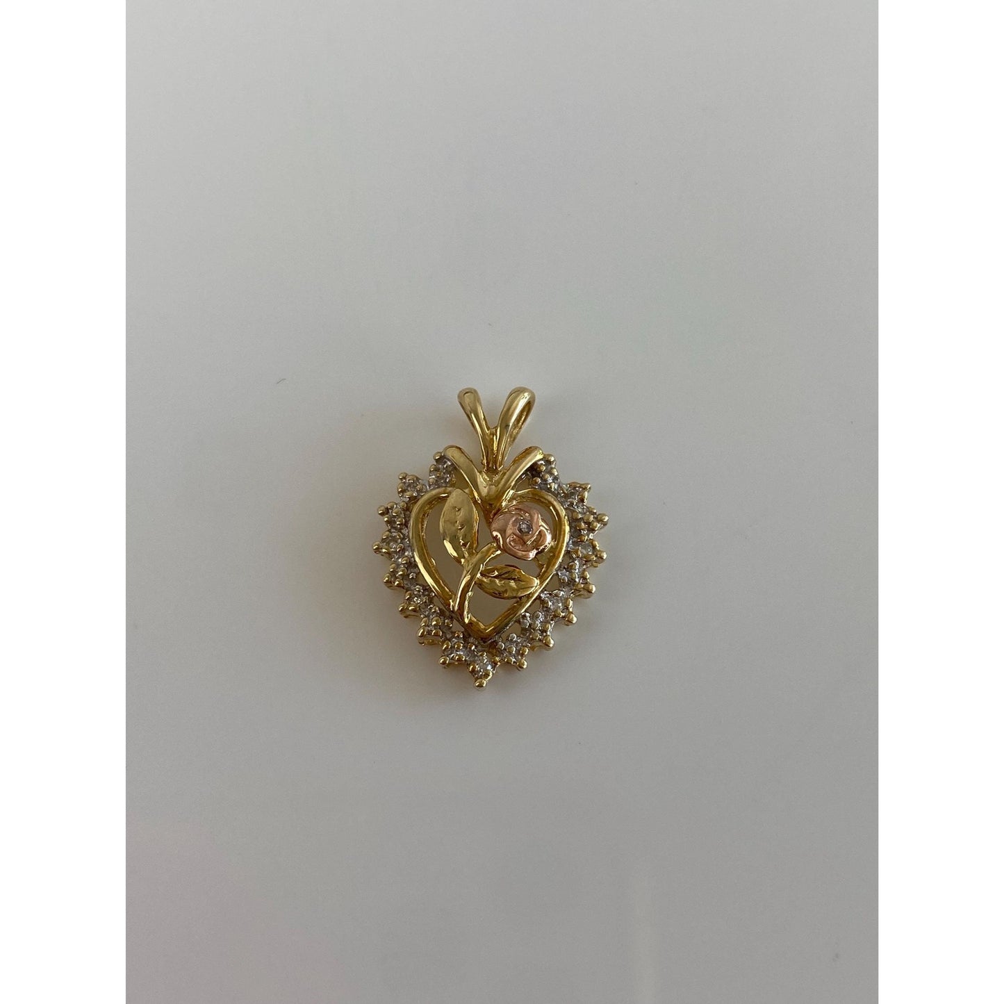 Vintage Solid 10k Tri Tone Gold Diamond Rose Heart Charm