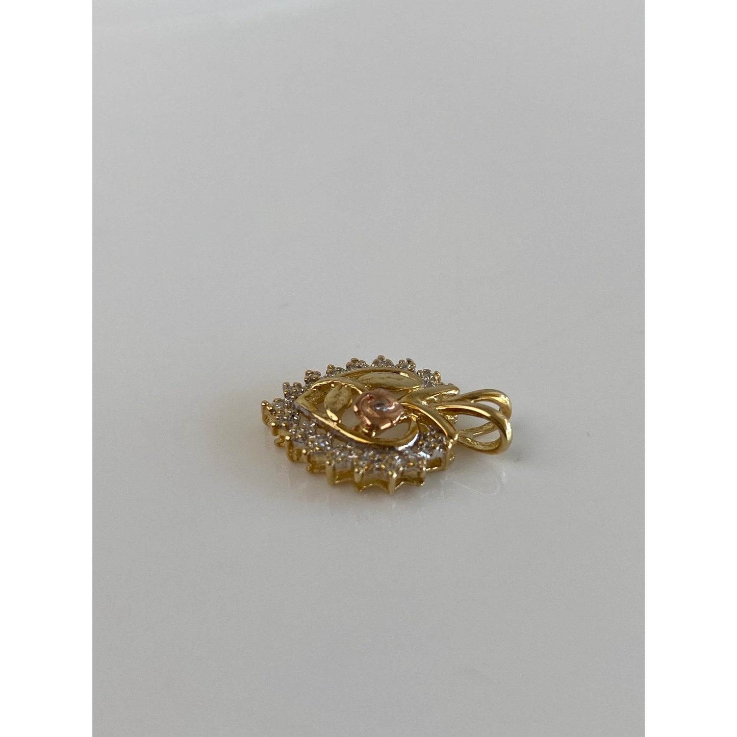 Vintage Solid 10k Tri Tone Gold Diamond Rose Heart Charm