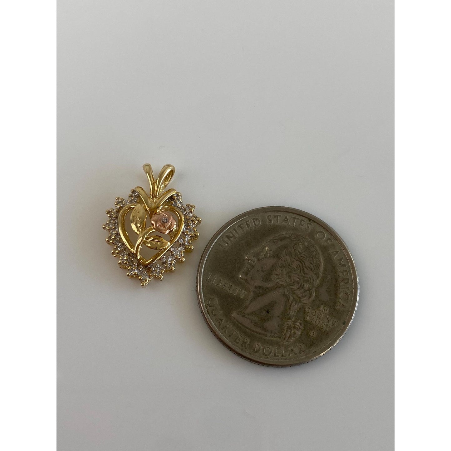 Vintage Solid 10k Tri Tone Gold Diamond Rose Heart Charm