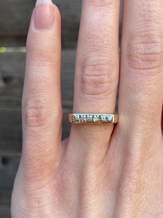 Vintage Solid 14k White & Yellow Gold Diamond Signet Ring - Size 5.5