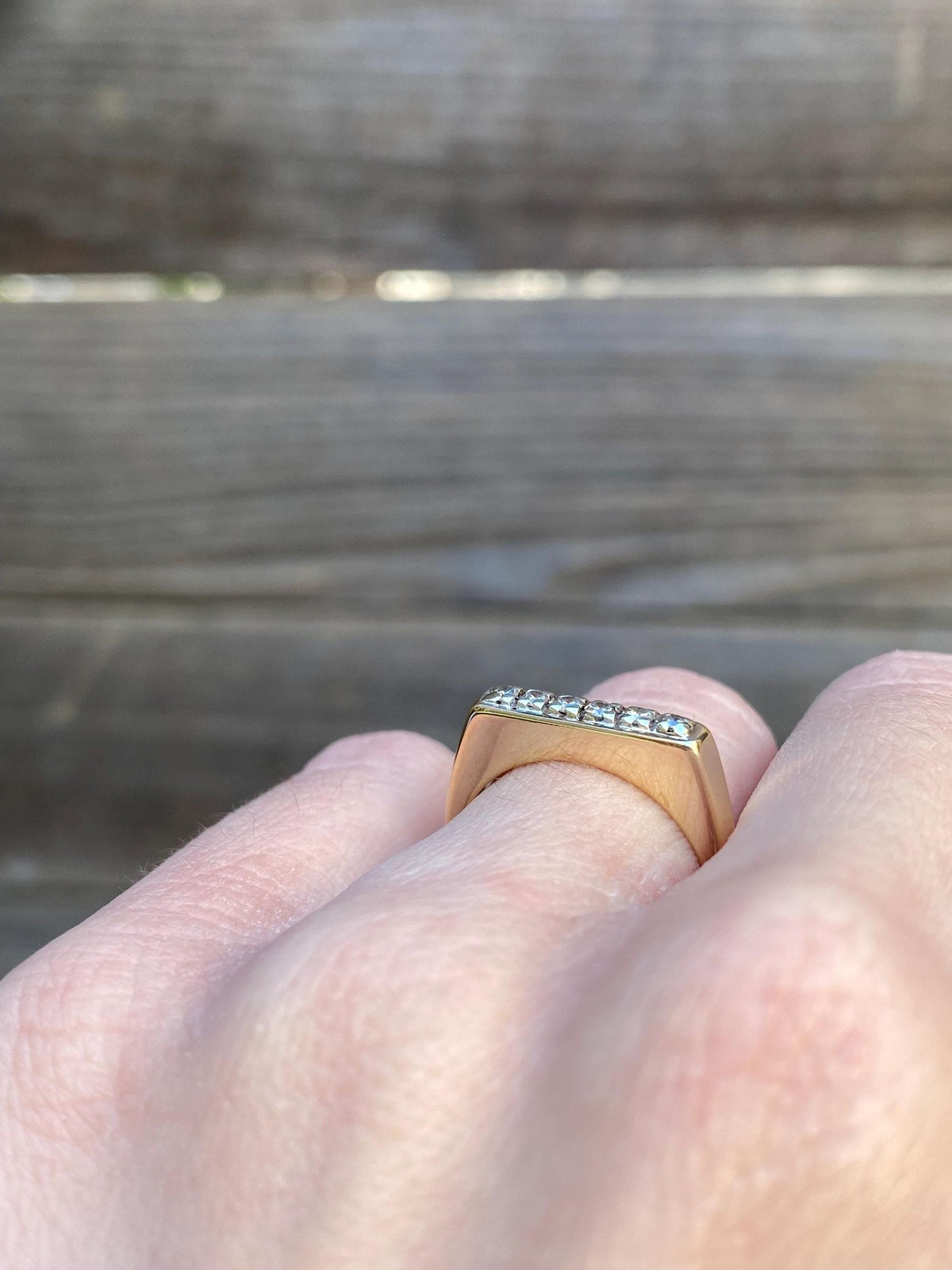 Vintage Solid 14k White & Yellow Gold Diamond Signet Ring - Size 5.5