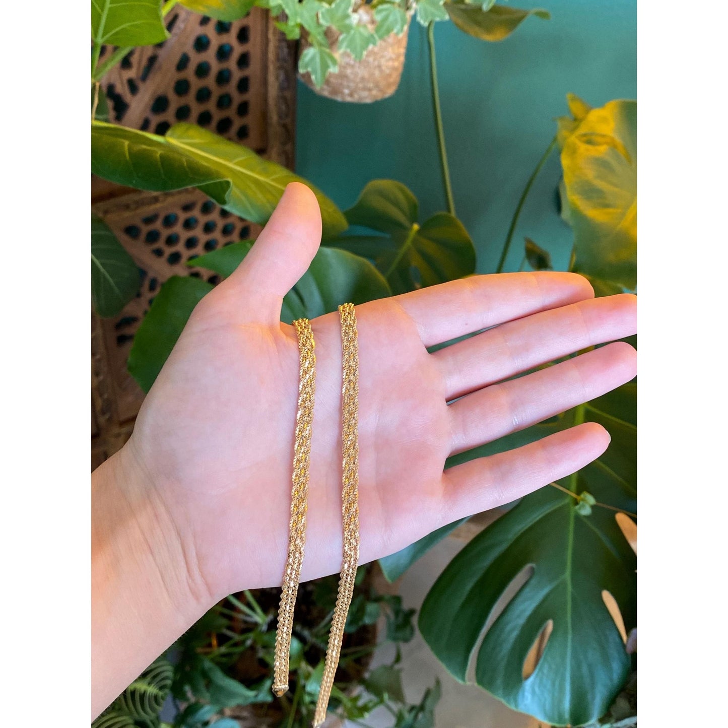 Vintage Solid 14k Yellow Gold Braided Flat Chain Necklace - 28 inches