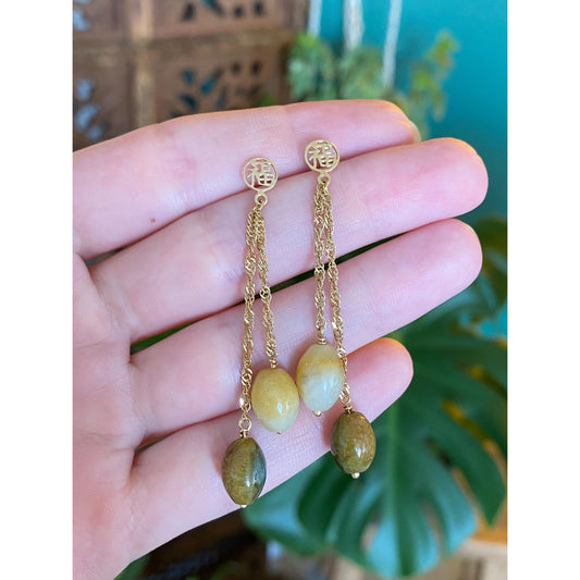 Vintage Solid 14k Yellow Gold Jade Drop Dangle Earrings