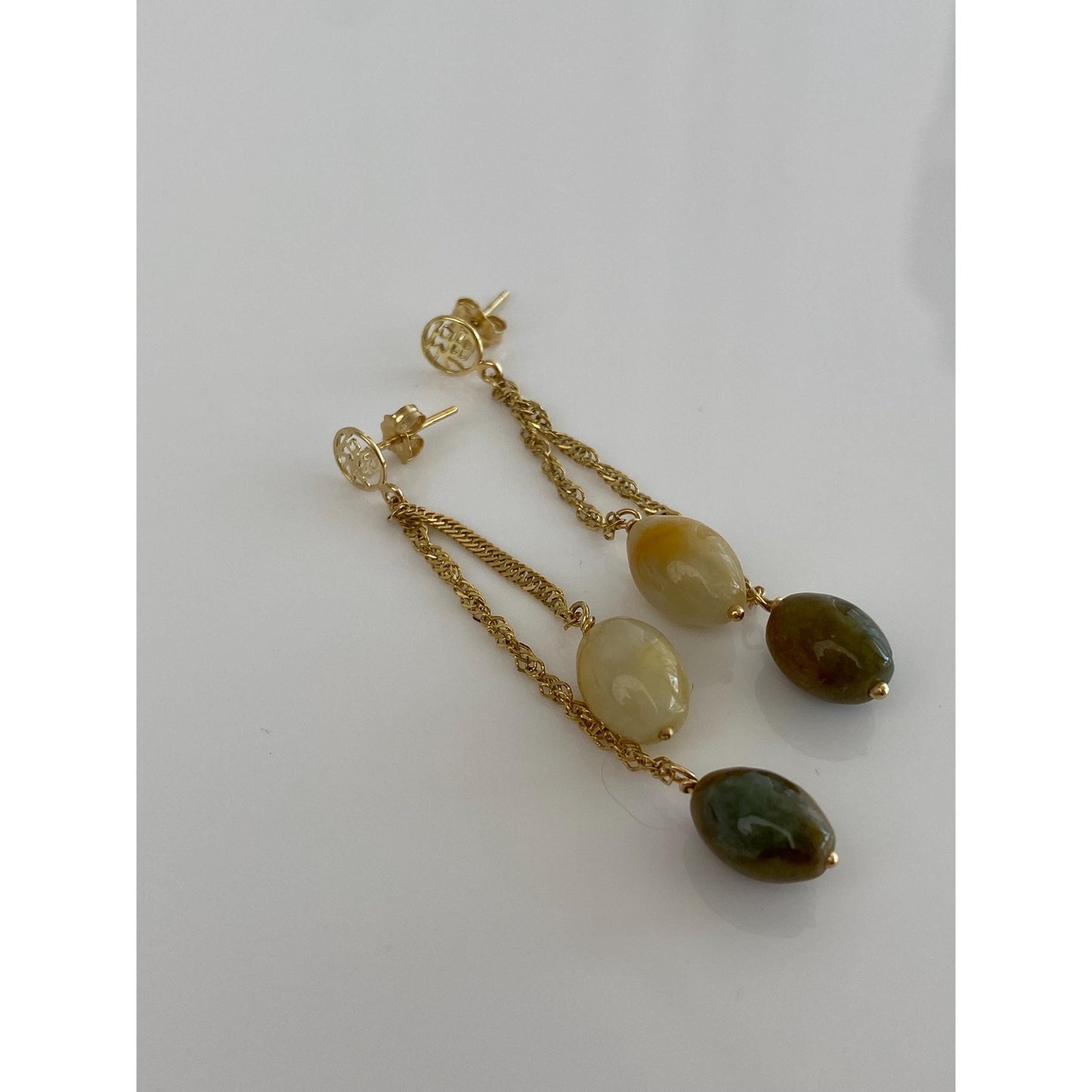 Vintage Solid 14k Yellow Gold Jade Drop Dangle Earrings