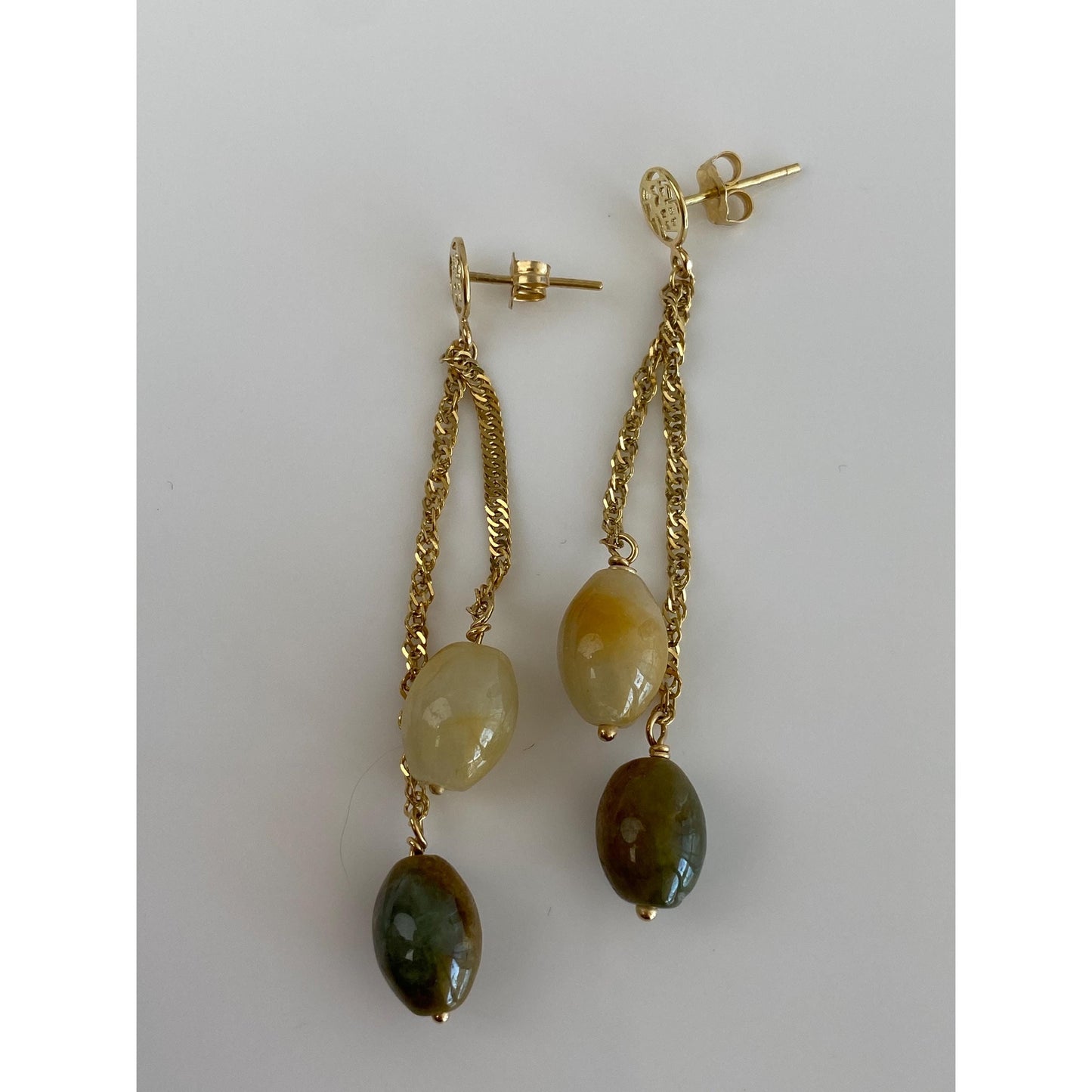 Vintage Solid 14k Yellow Gold Jade Drop Dangle Earrings