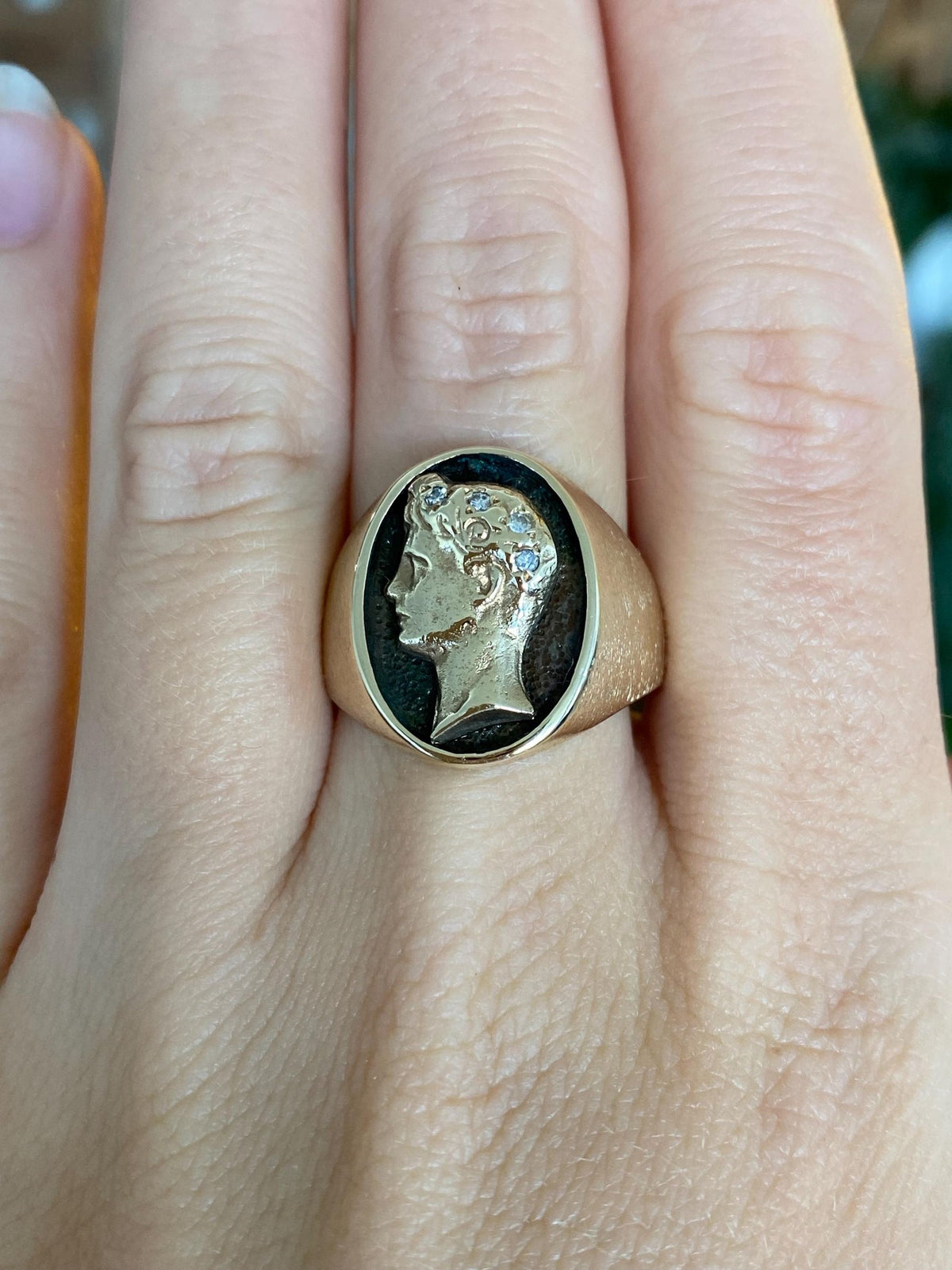 Vintage Solid 10k Yellow Gold Diamonds Roman Head Signet Ring - Size 9.5