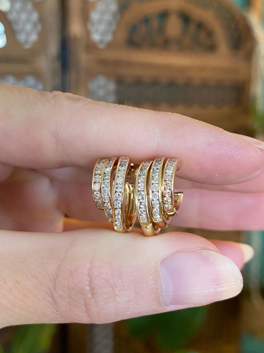 Vintage Solid 14k Yellow Gold Diamond Triple Hoop Earrings