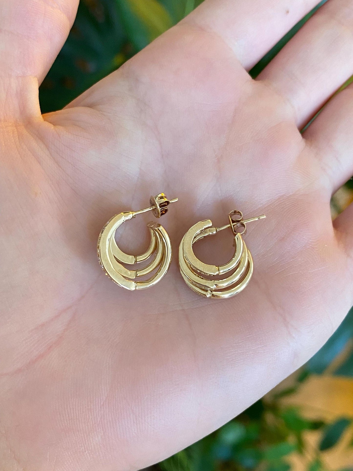 Vintage Solid 14k Yellow Gold Diamond Triple Hoop Earrings