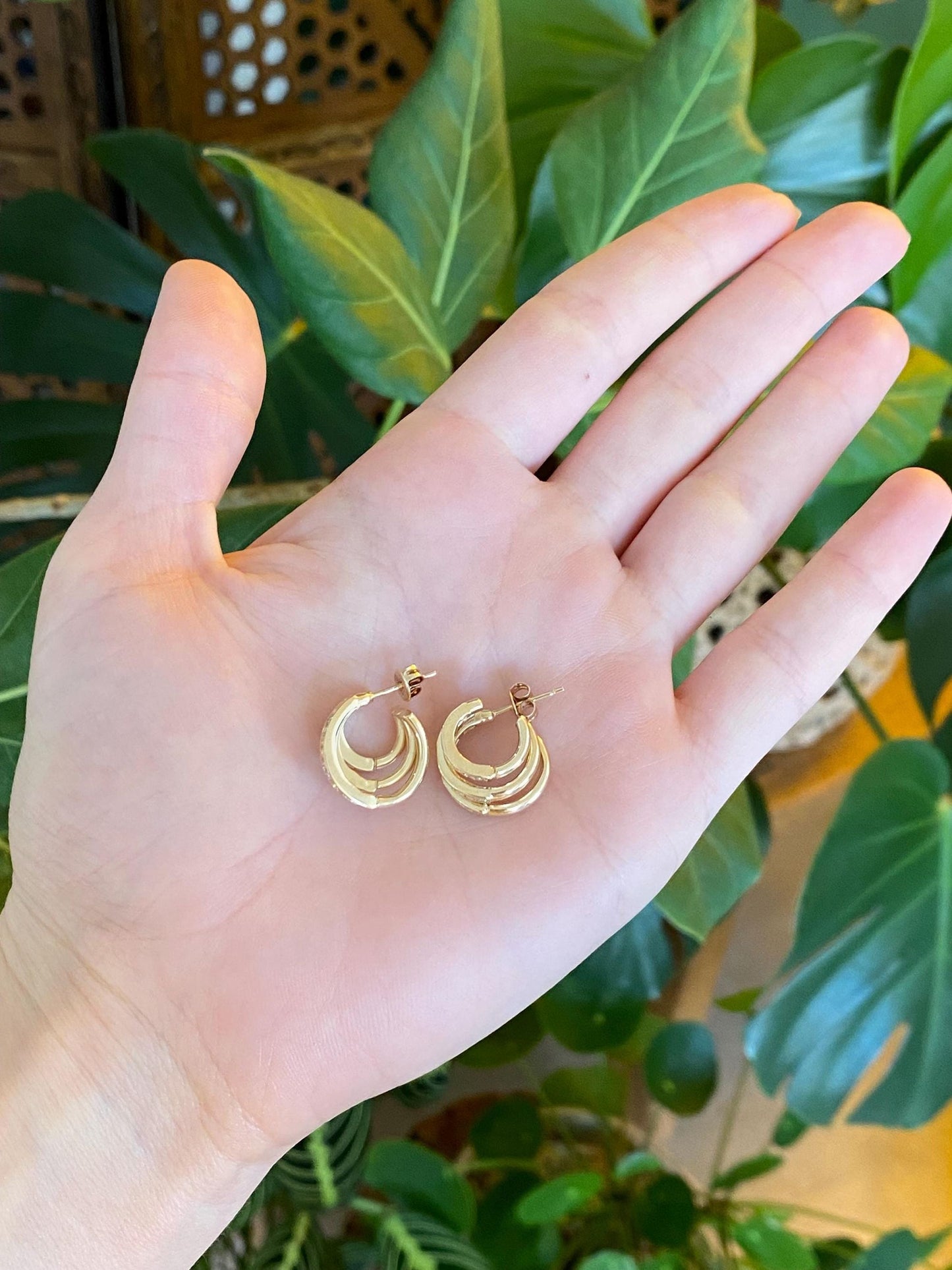 Vintage Solid 14k Yellow Gold Diamond Triple Hoop Earrings