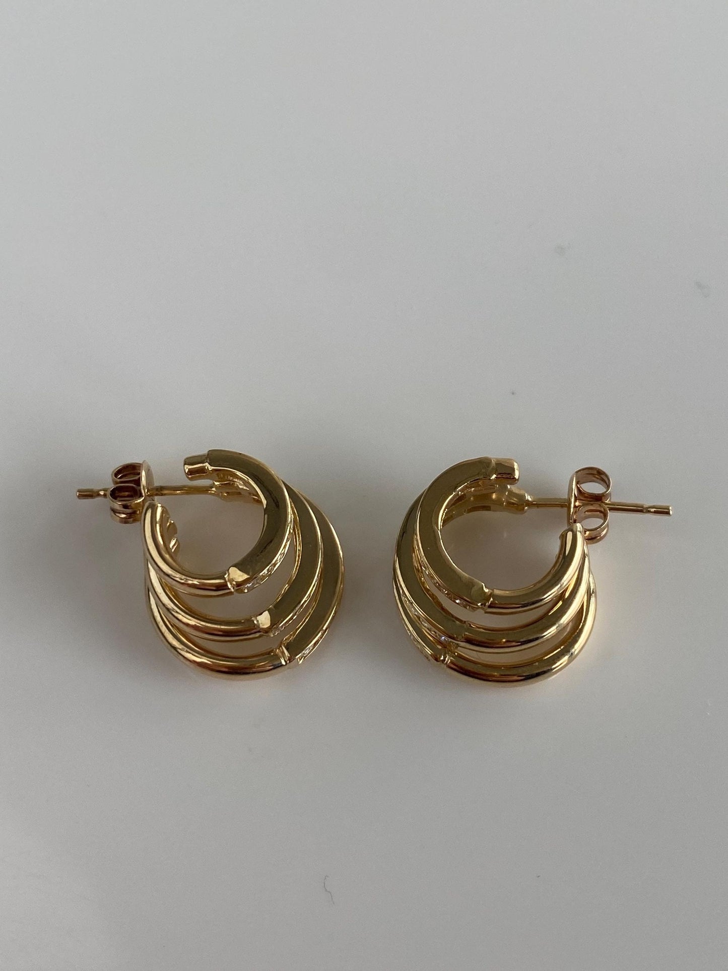 Vintage Solid 14k Yellow Gold Diamond Triple Hoop Earrings