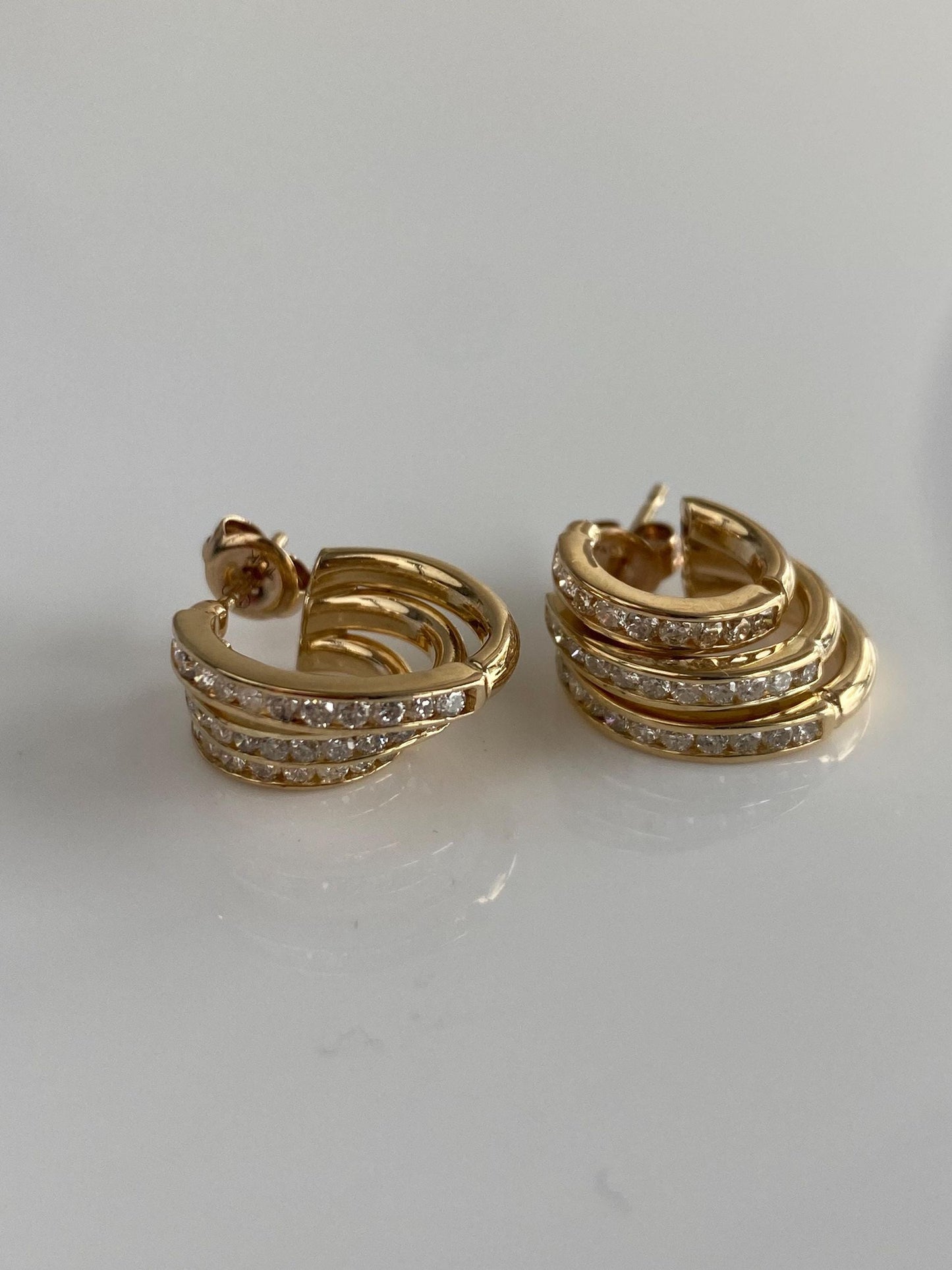 Vintage Solid 14k Yellow Gold Diamond Triple Hoop Earrings