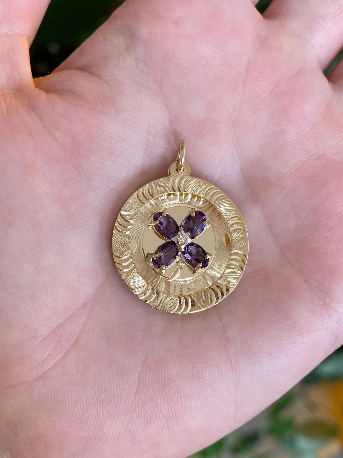 Vintage Solid 14k Yellow Gold Clear Spinel Purple Cubic Zirconia Diamond Cut 'Good Luck' Clover Charm