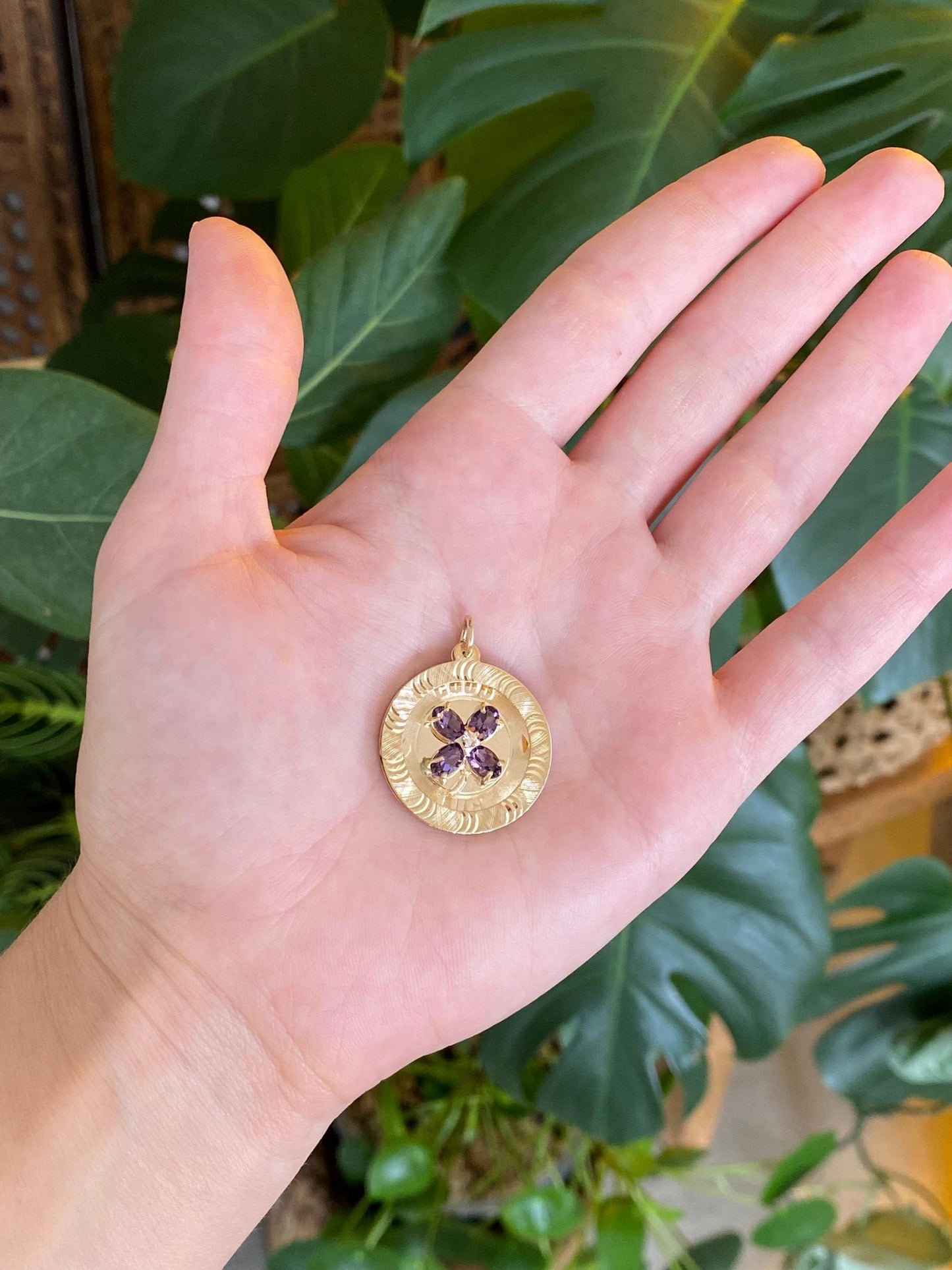 Vintage Solid 14k Yellow Gold Clear Spinel Purple Cubic Zirconia Diamond Cut 'Good Luck' Clover Charm