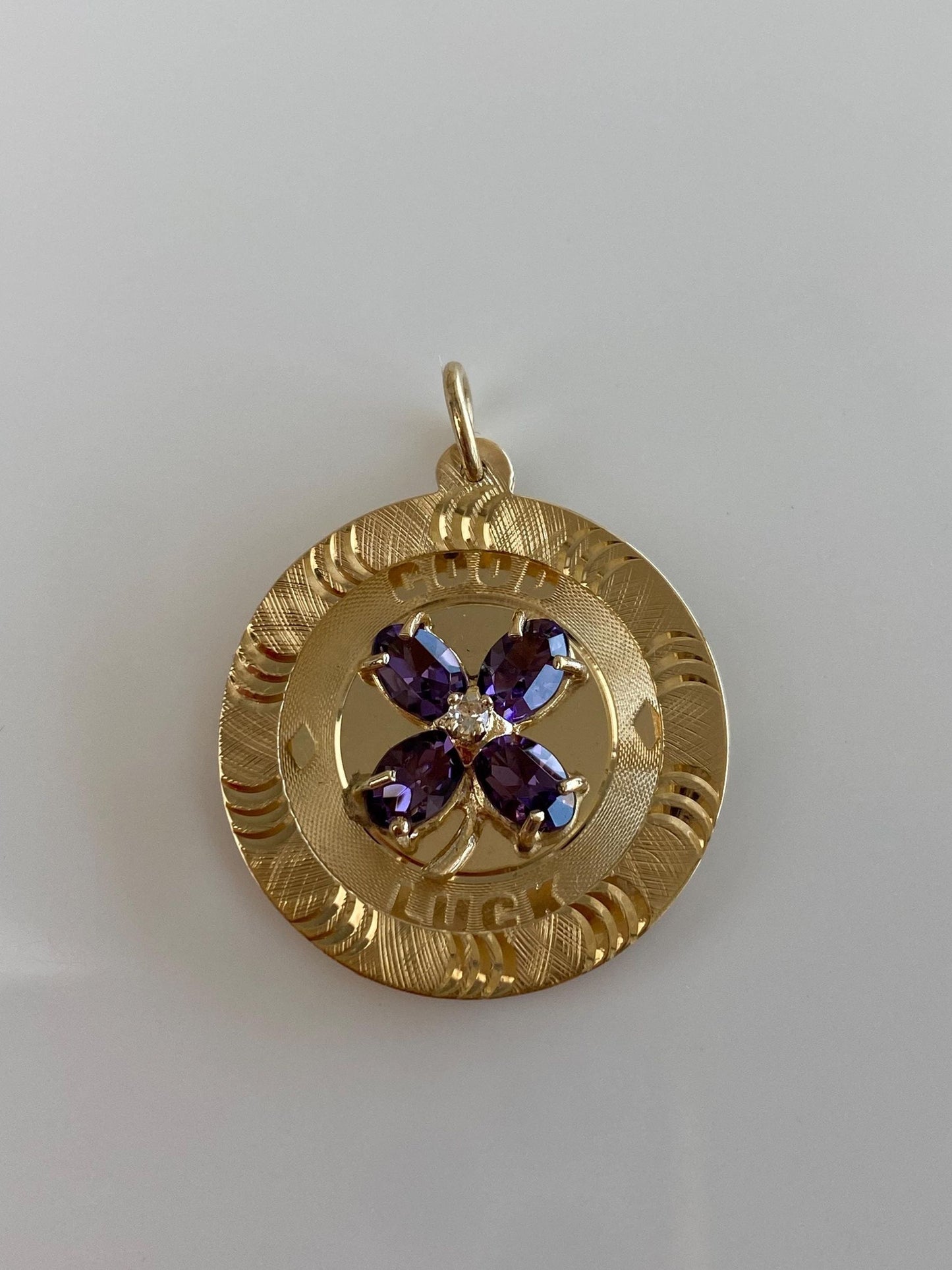 Vintage Solid 14k Yellow Gold Clear Spinel Purple Cubic Zirconia Diamond Cut 'Good Luck' Clover Charm