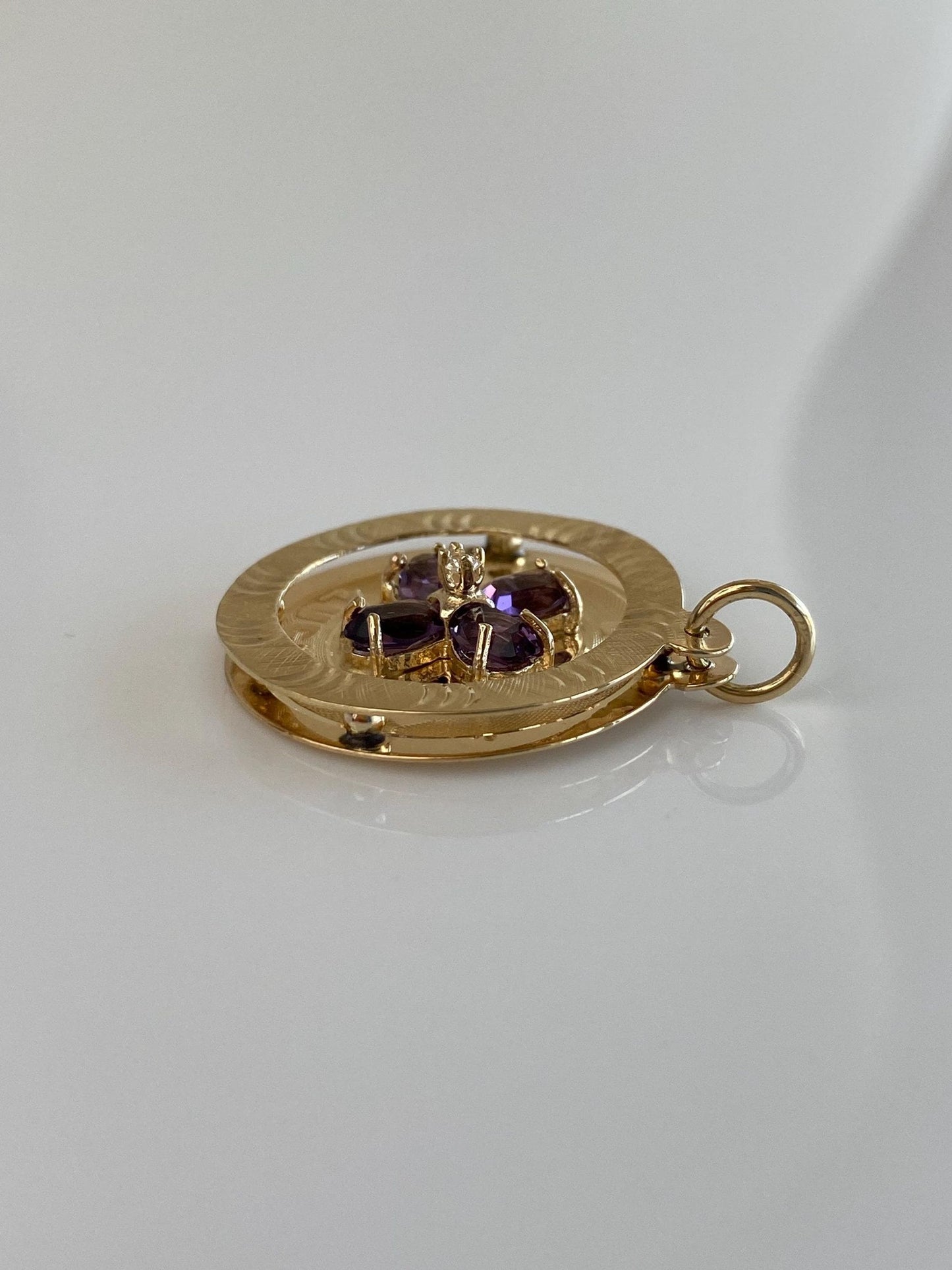 Vintage Solid 14k Yellow Gold Clear Spinel Purple Cubic Zirconia Diamond Cut 'Good Luck' Clover Charm