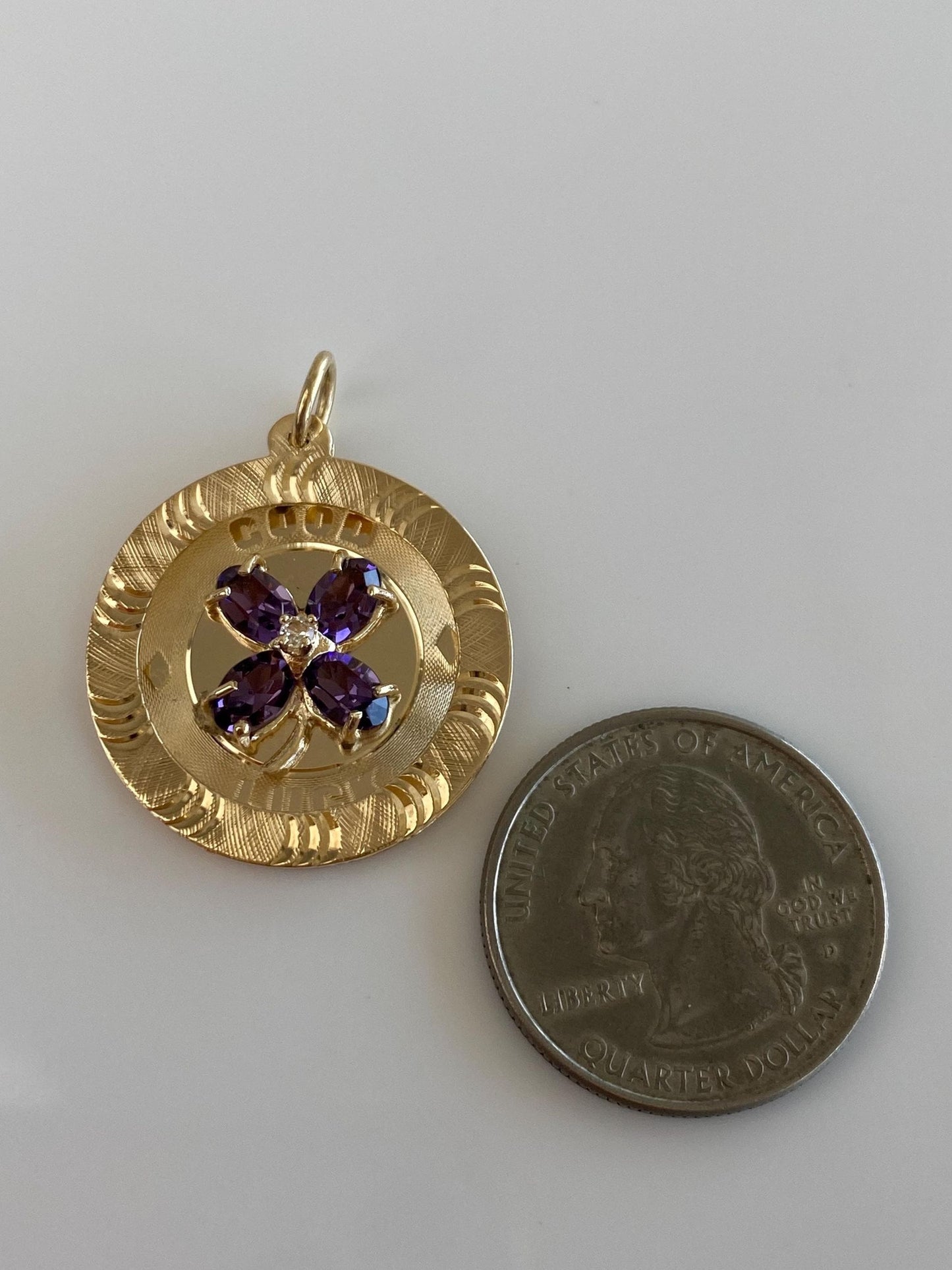 Vintage Solid 14k Yellow Gold Clear Spinel Purple Cubic Zirconia Diamond Cut 'Good Luck' Clover Charm