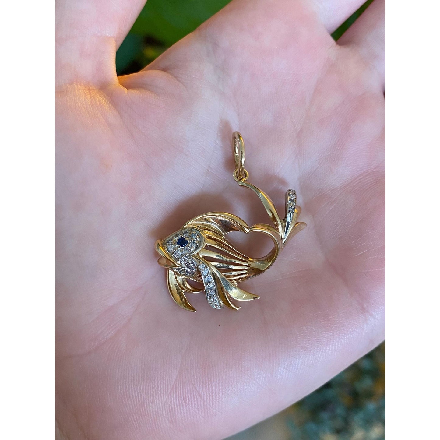 Vintage Solid 14k White & Yellow Gold Diamond Blue Sapphire Fish Charm