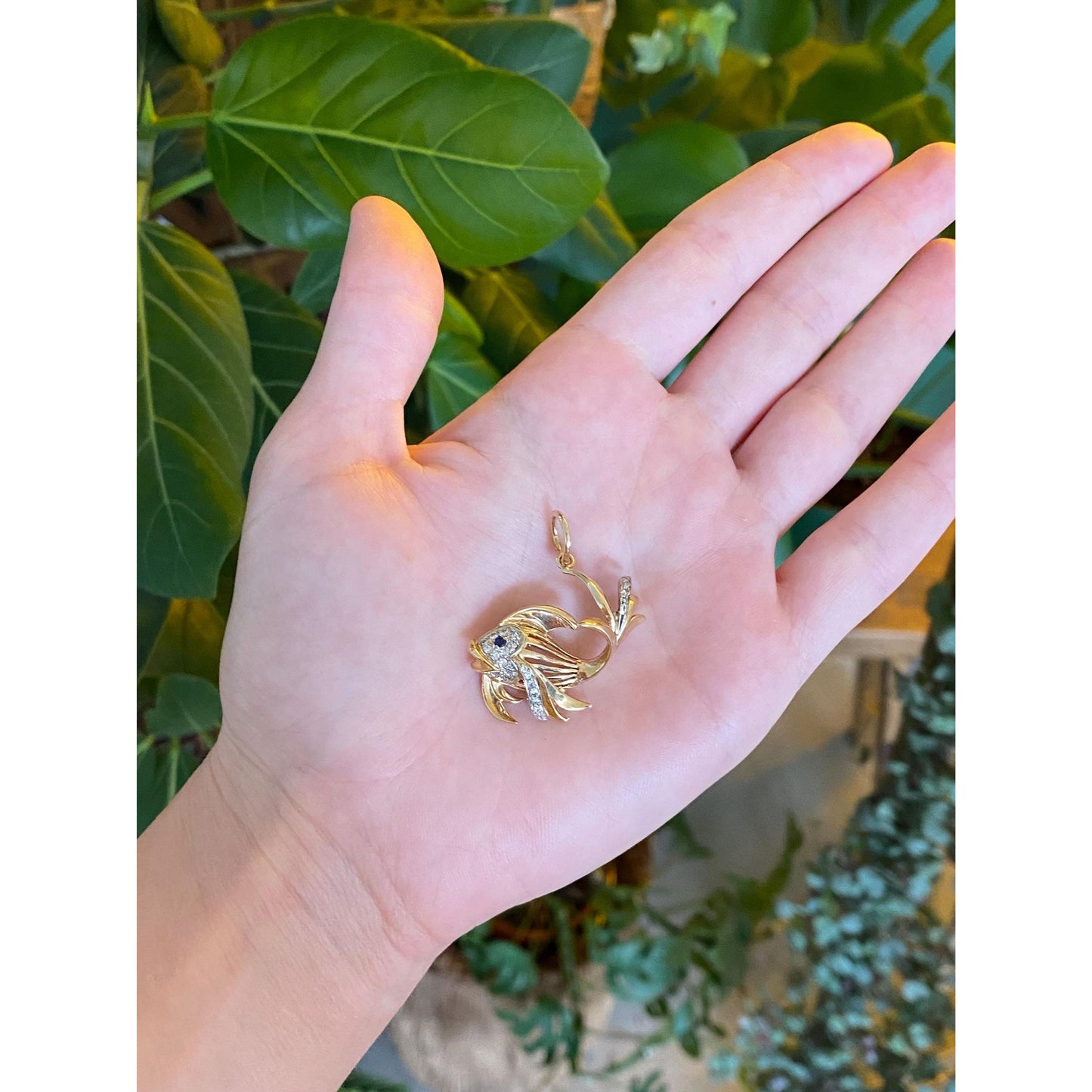 Vintage Solid 14k White & Yellow Gold Diamond Blue Sapphire Fish Charm