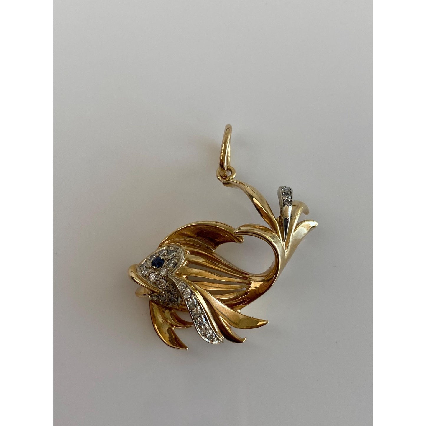 Vintage Solid 14k White & Yellow Gold Diamond Blue Sapphire Fish Charm