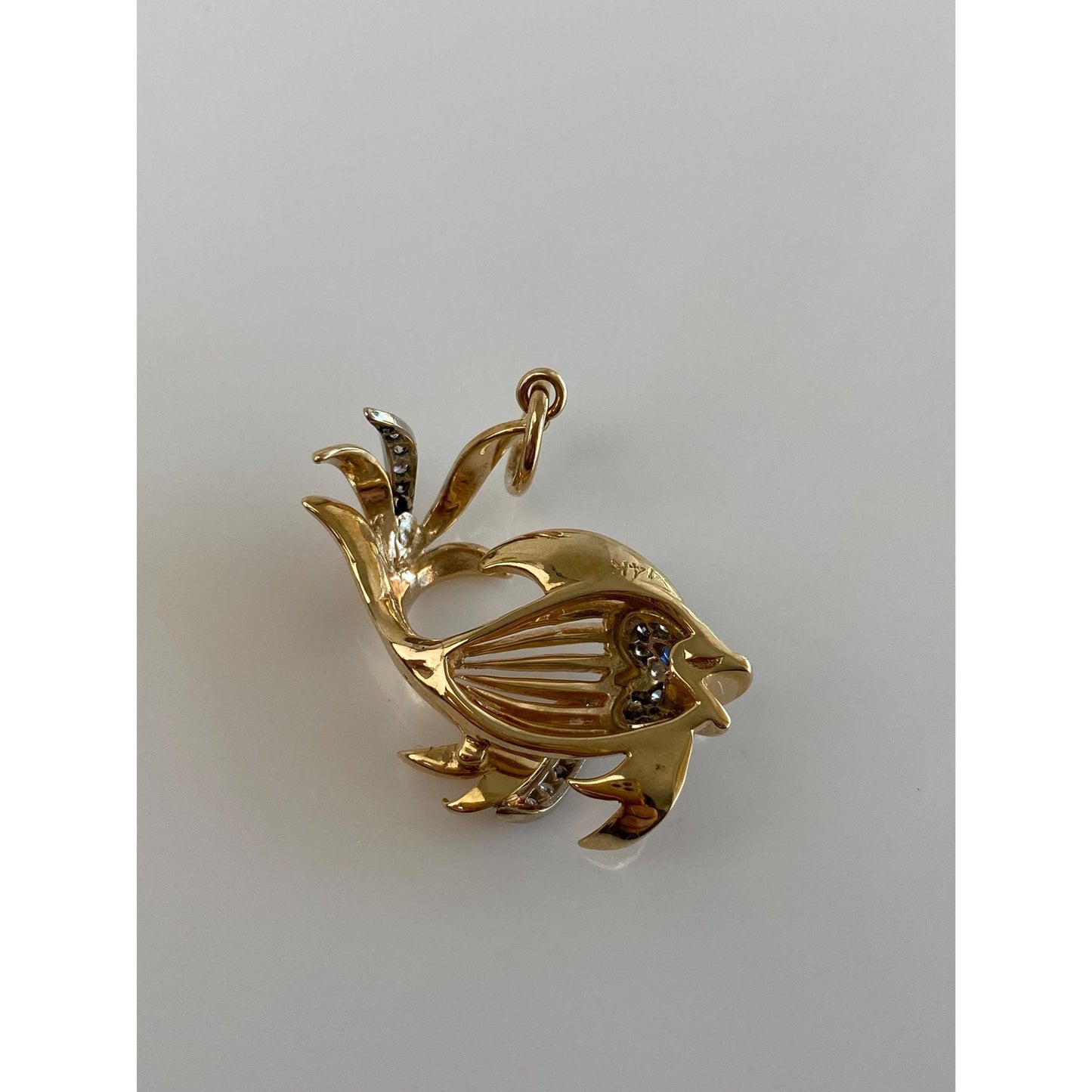 Vintage Solid 14k White & Yellow Gold Diamond Blue Sapphire Fish Charm