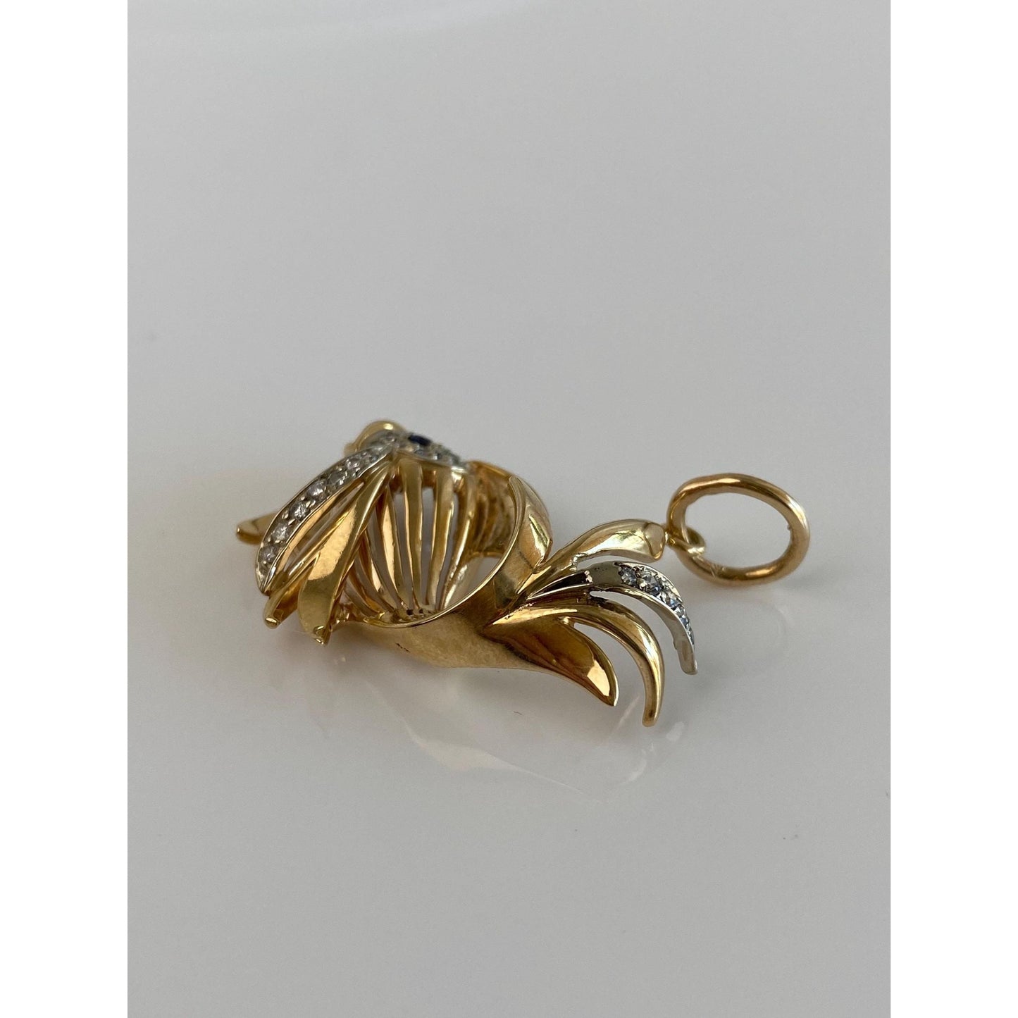 Vintage Solid 14k White & Yellow Gold Diamond Blue Sapphire Fish Charm