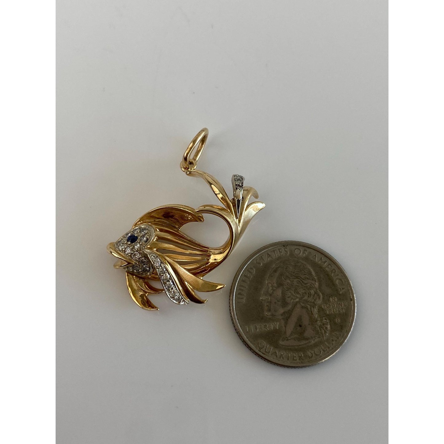 Vintage Solid 14k White & Yellow Gold Diamond Blue Sapphire Fish Charm