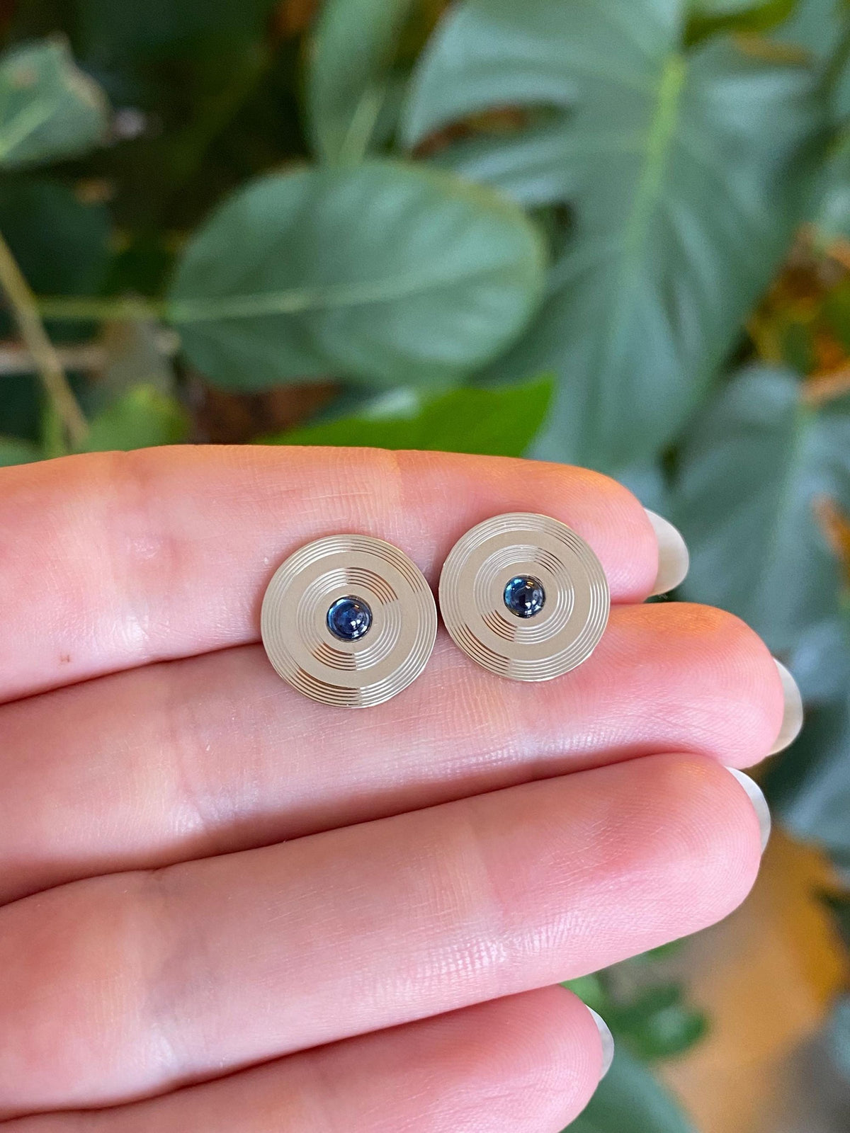 Vintage Solid 14k White Gold Blue Sapphire Cufflink Conversion Stud Earrings