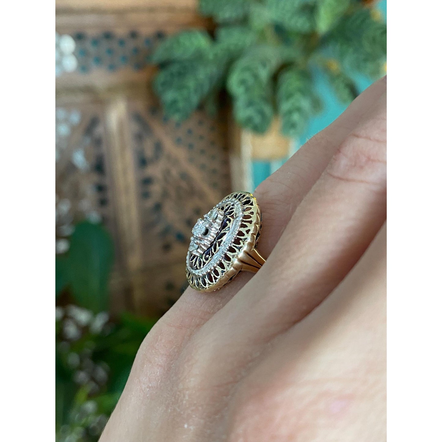 Vintage Solid 14k White & Yellow Gold Diamond Ring - Size 2.75