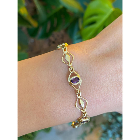 Vintage Solid 14k Yellow Gold Amethyst Link Bracelet - 7.5 inches