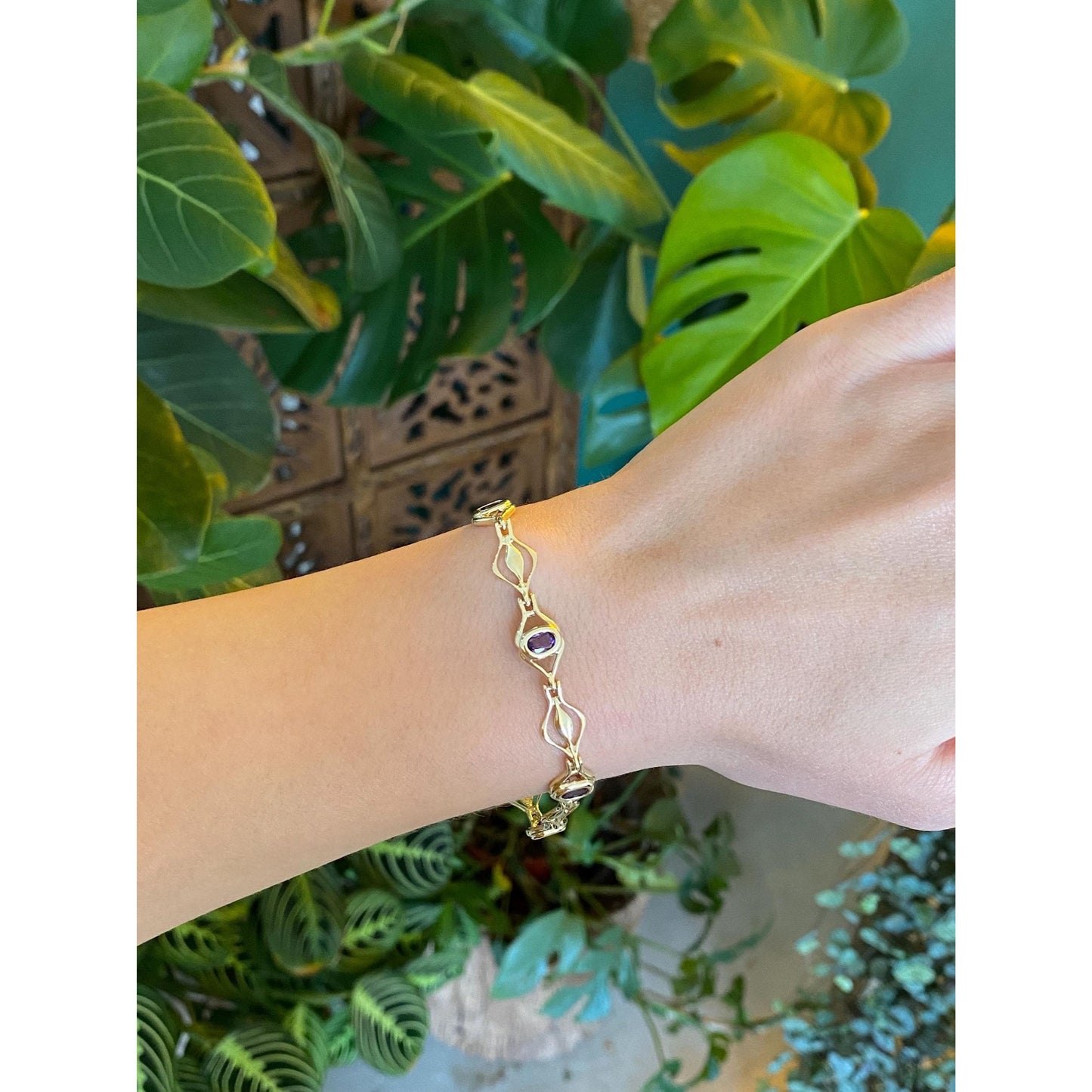 Vintage Solid 14k Yellow Gold Amethyst Link Bracelet - 7.5 inches