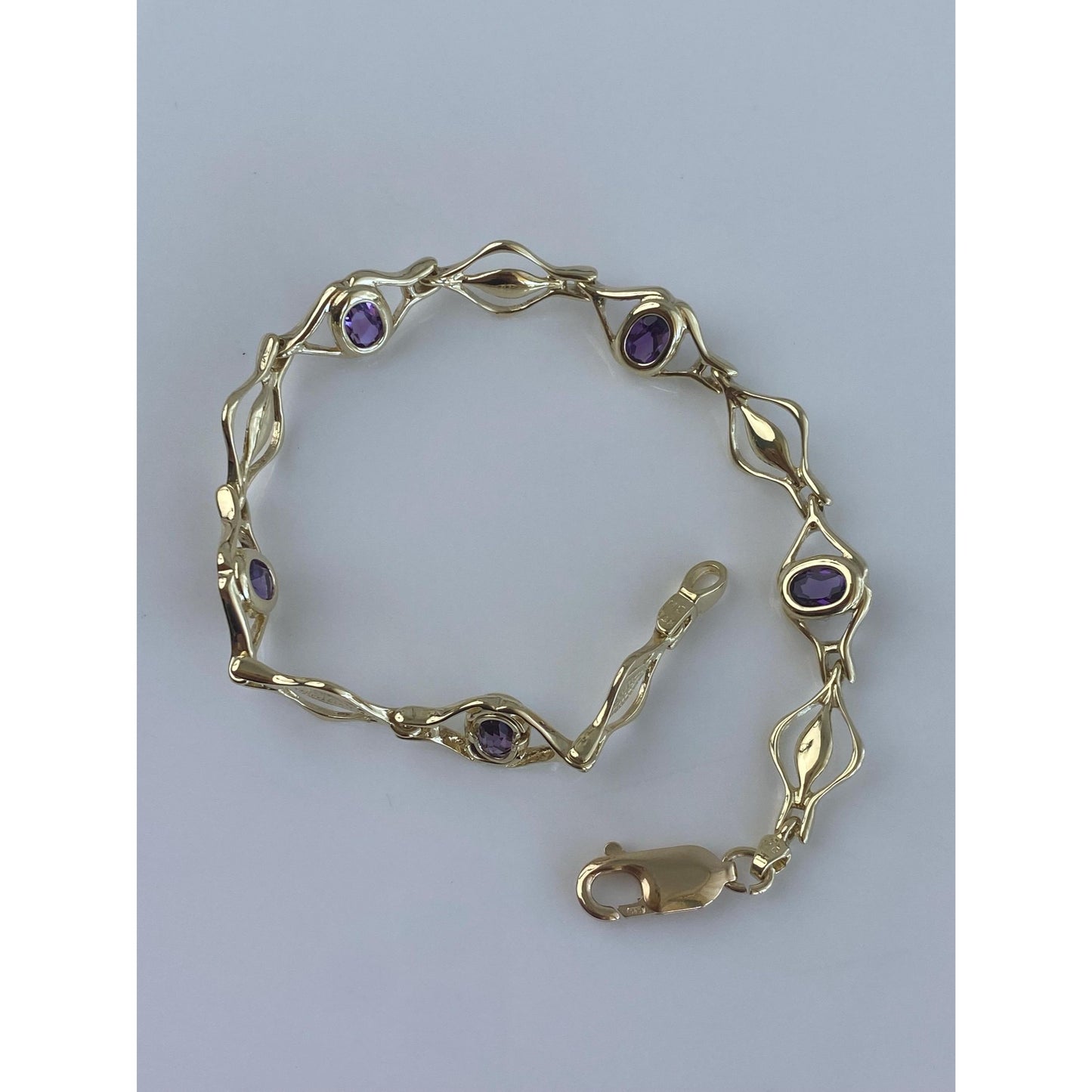 Vintage Solid 14k Yellow Gold Amethyst Link Bracelet - 7.5 inches