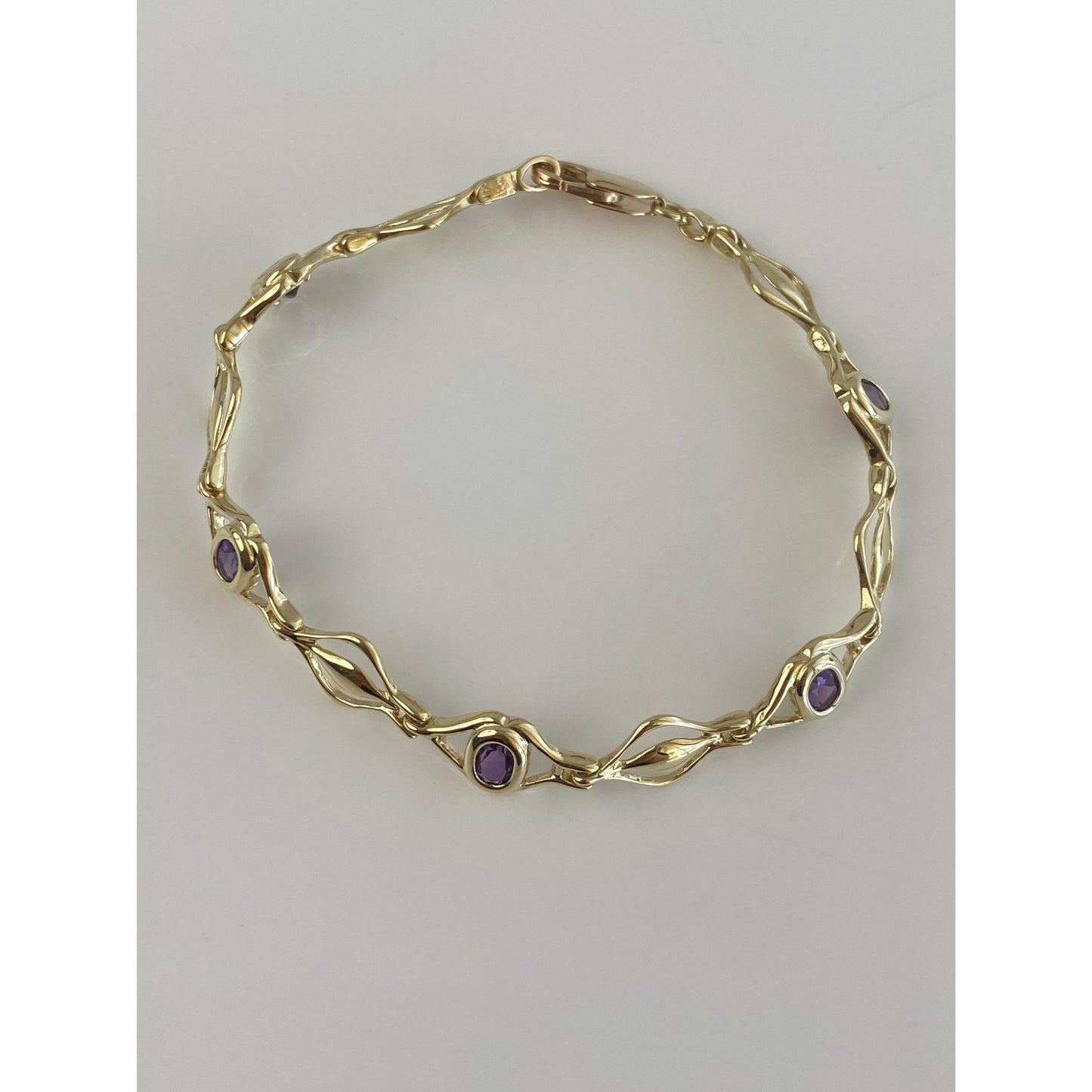 Vintage Solid 14k Yellow Gold Amethyst Link Bracelet - 7.5 inches