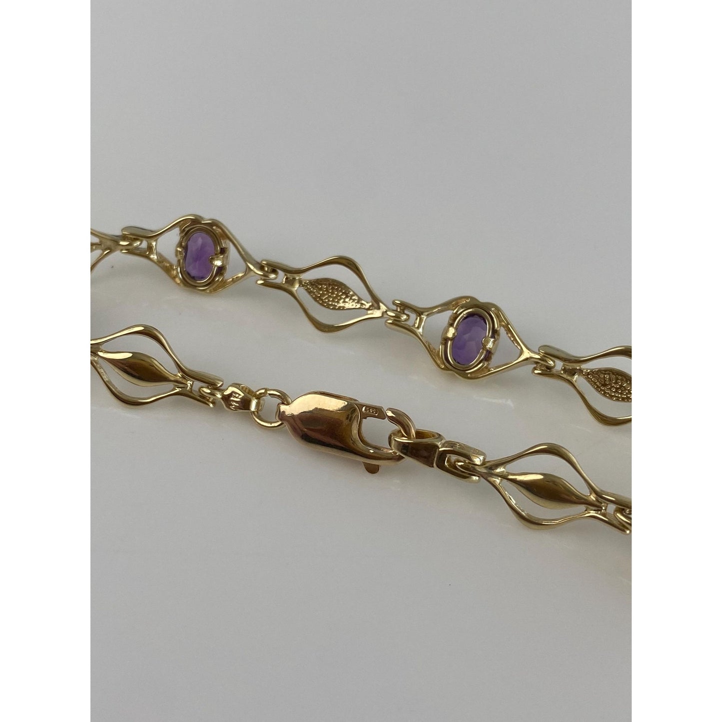 Vintage Solid 14k Yellow Gold Amethyst Link Bracelet - 7.5 inches