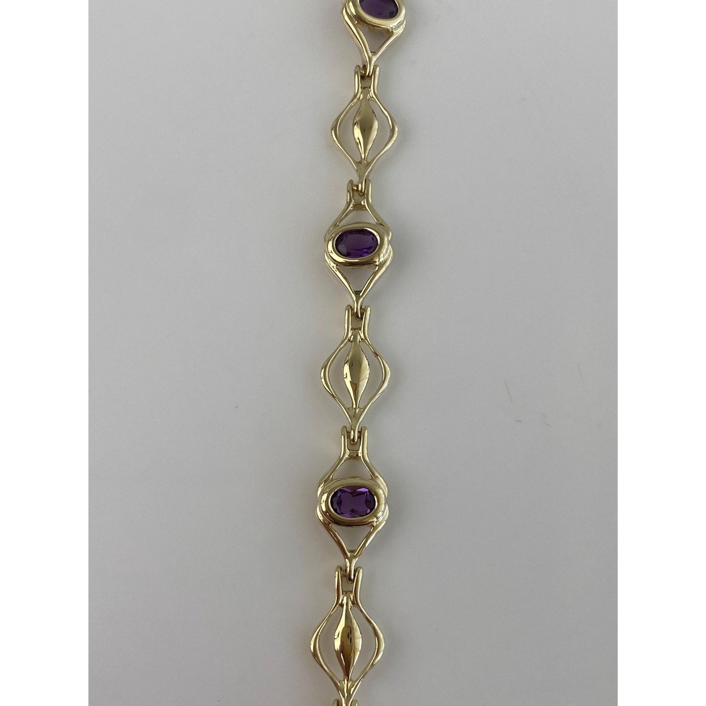 Vintage Solid 14k Yellow Gold Amethyst Link Bracelet - 7.5 inches