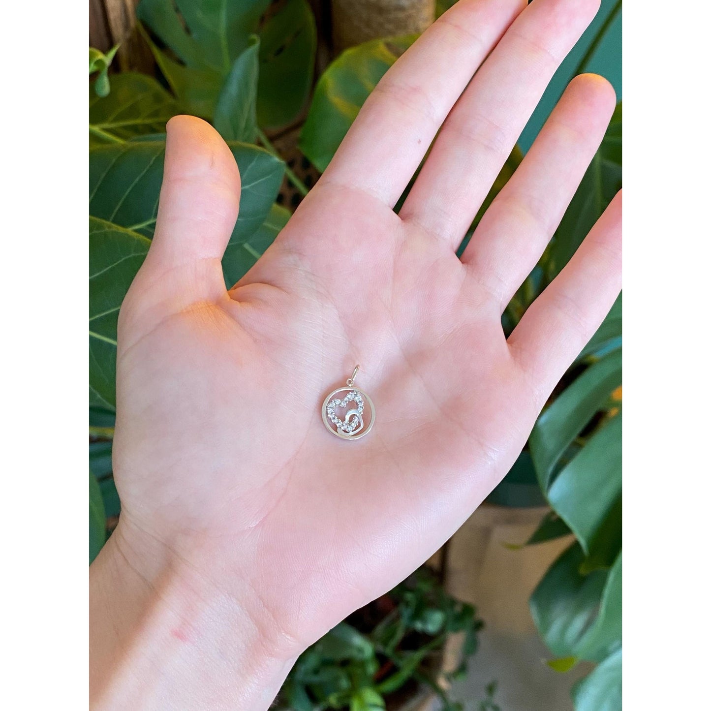 Vintage Solid 14k White Gold Clear Sapphire Hearts Charm