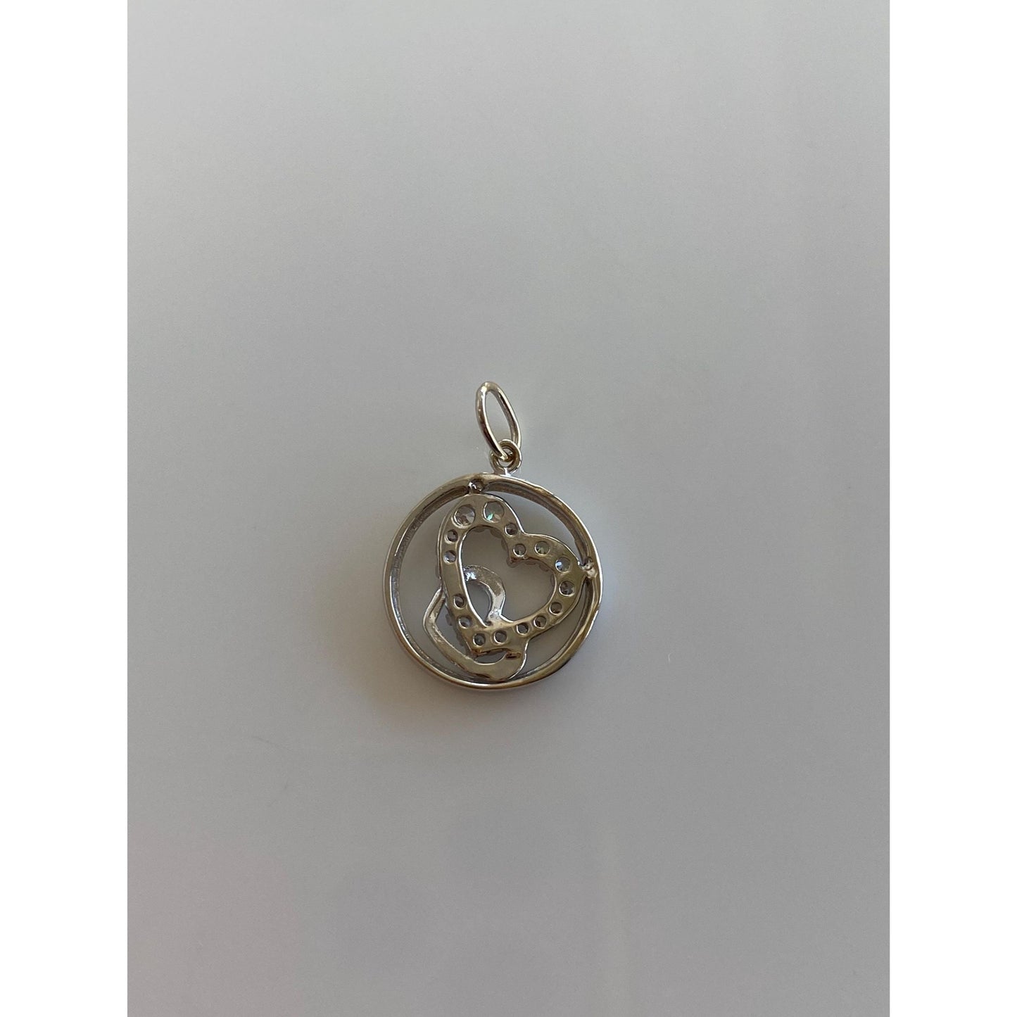 Vintage Solid 14k White Gold Clear Sapphire Hearts Charm