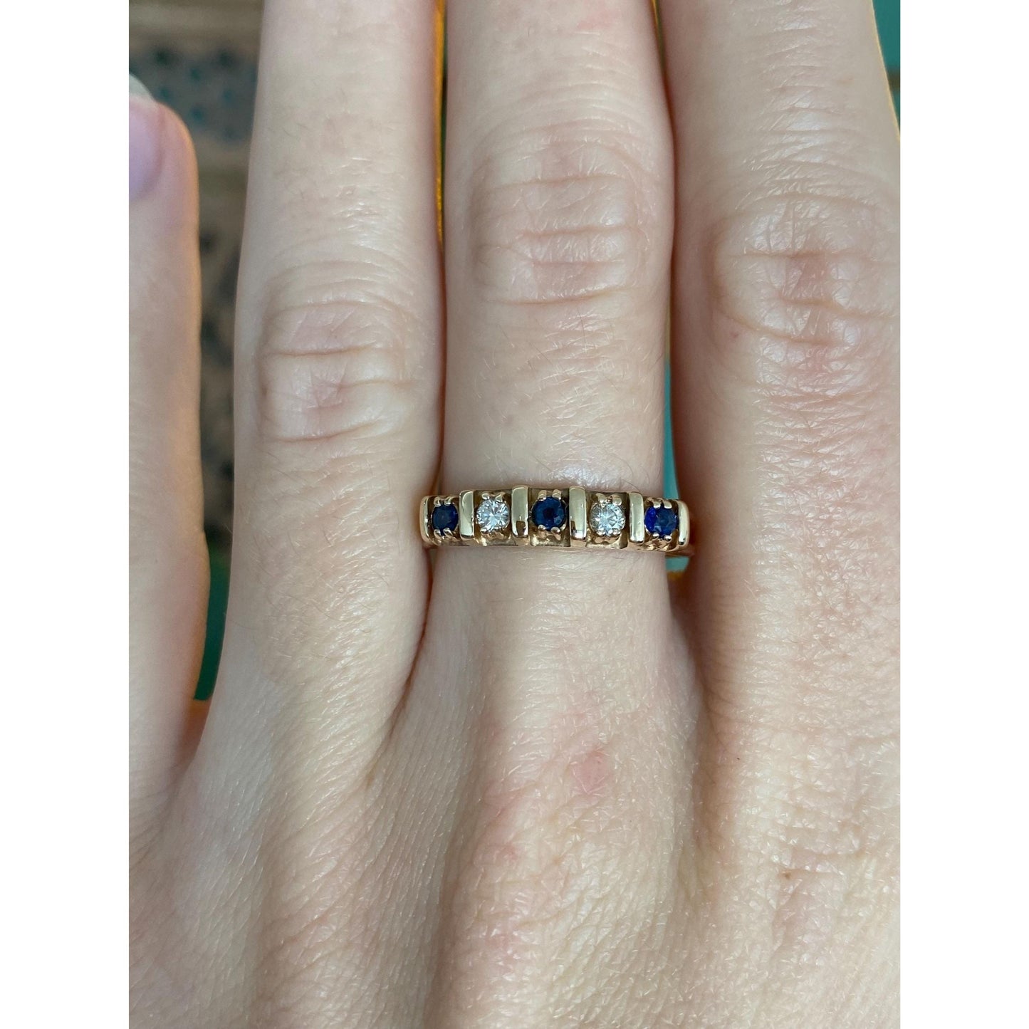 Vintage Solid 14k Yellow Gold Diamond Blue Sapphire Ring Band - Size 7.25