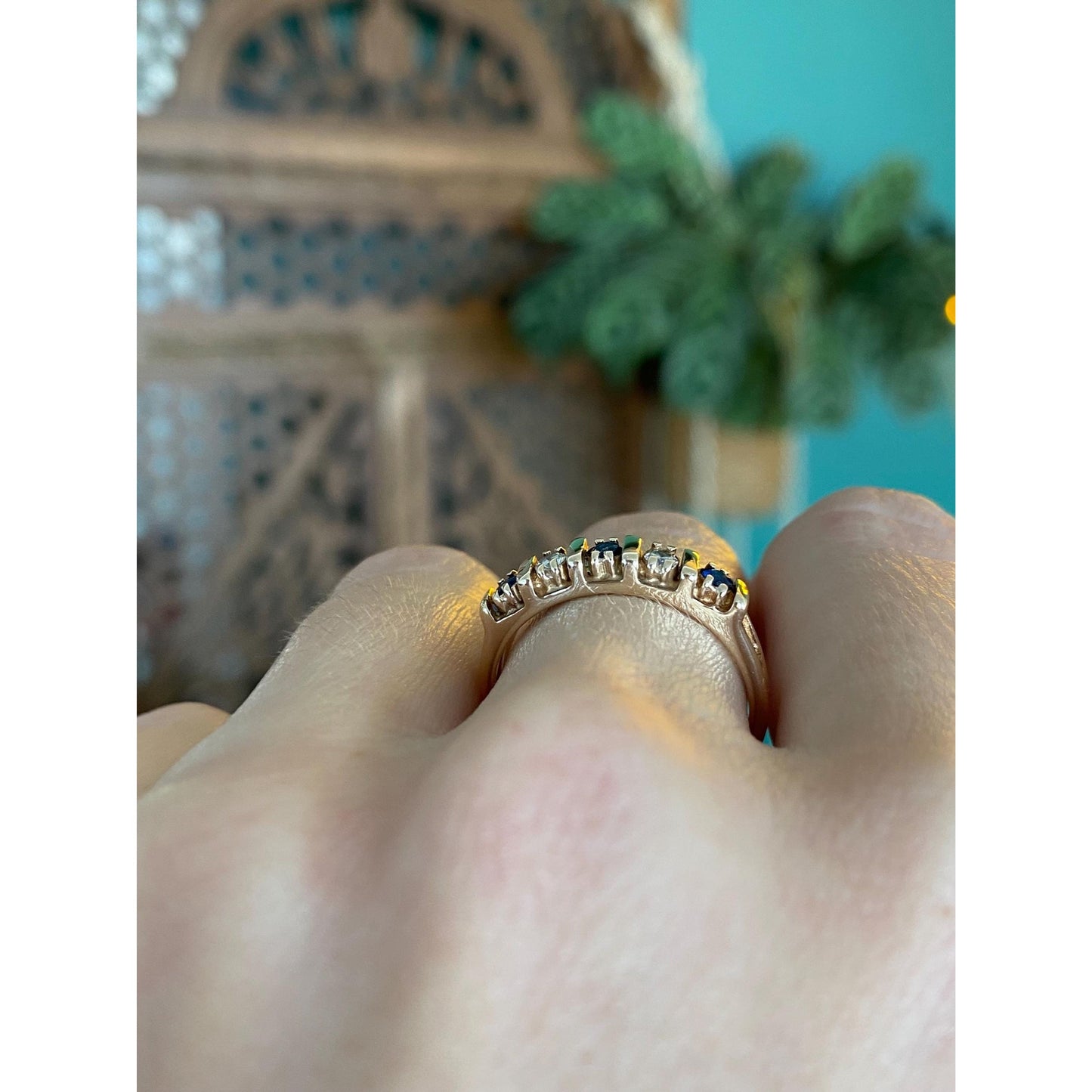 Vintage Solid 14k Yellow Gold Diamond Blue Sapphire Ring Band - Size 7.25