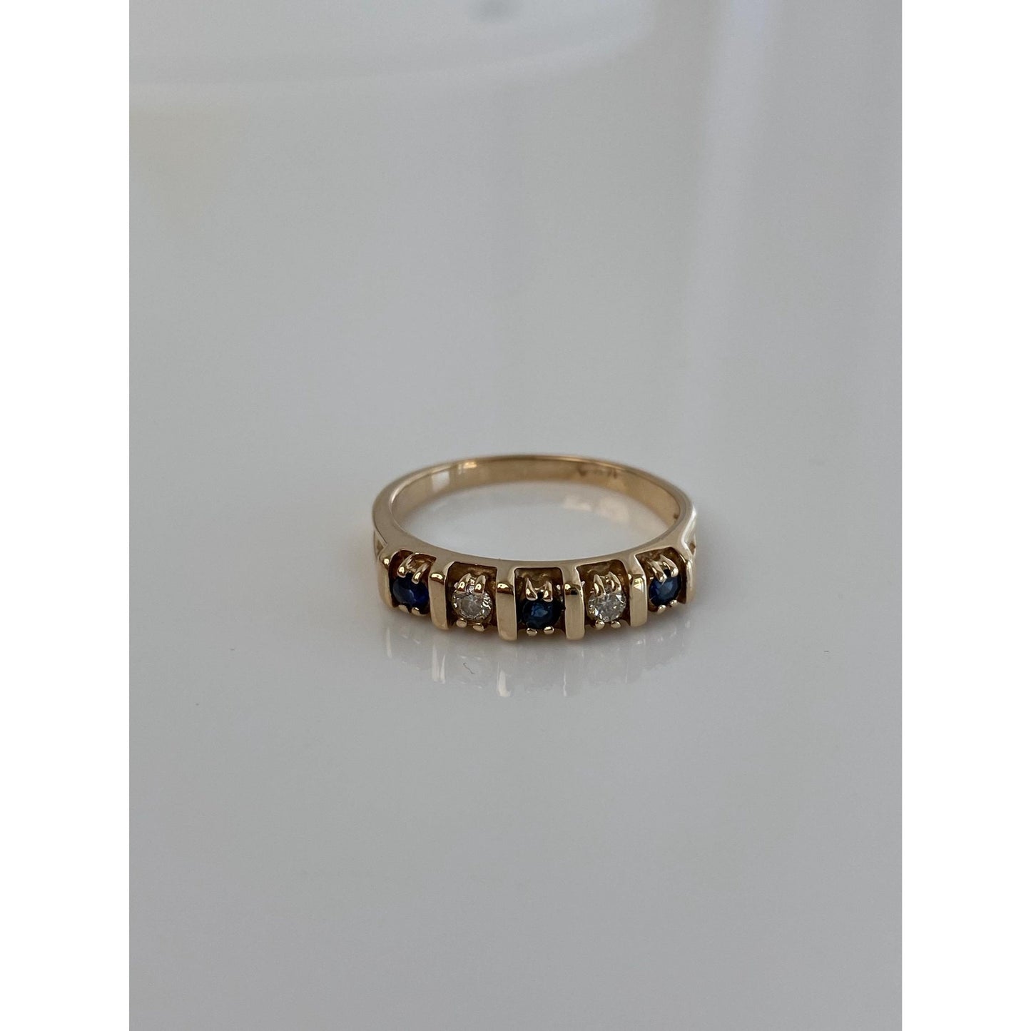 Vintage Solid 14k Yellow Gold Diamond Blue Sapphire Ring Band - Size 7.25