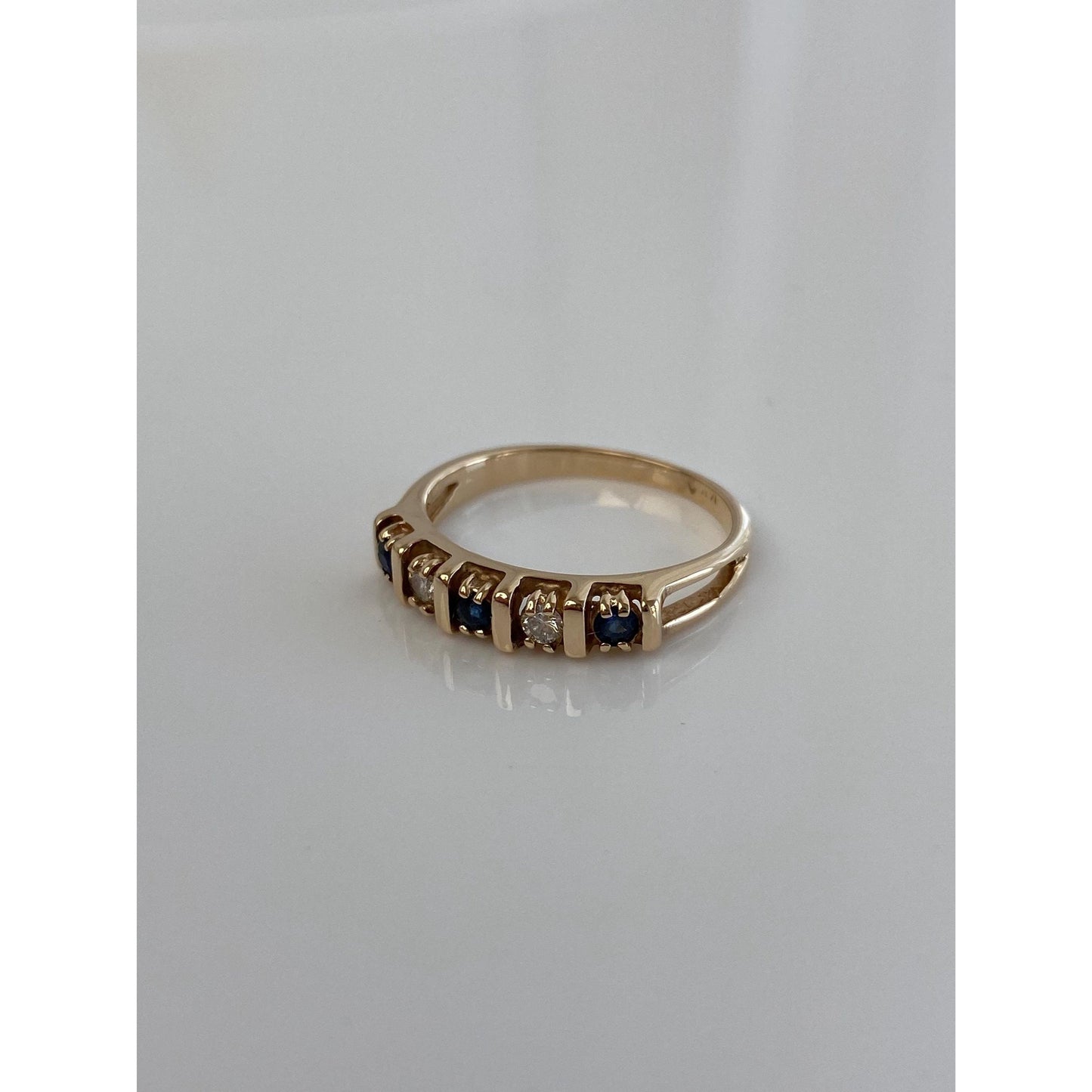 Vintage Solid 14k Yellow Gold Diamond Blue Sapphire Ring Band - Size 7.25