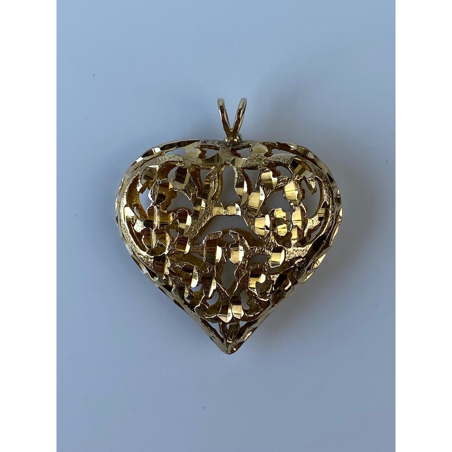 Vintage Solid 12k Yellow Gold Filigree Open Work Puffy Heart Charm