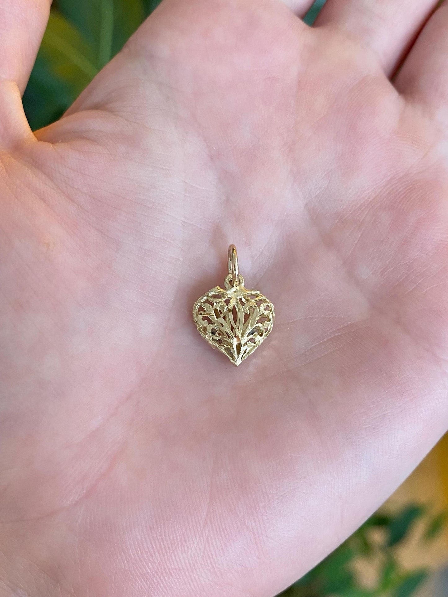 Solid 14k Yellow Gold Open Work Puffy Heart Charm