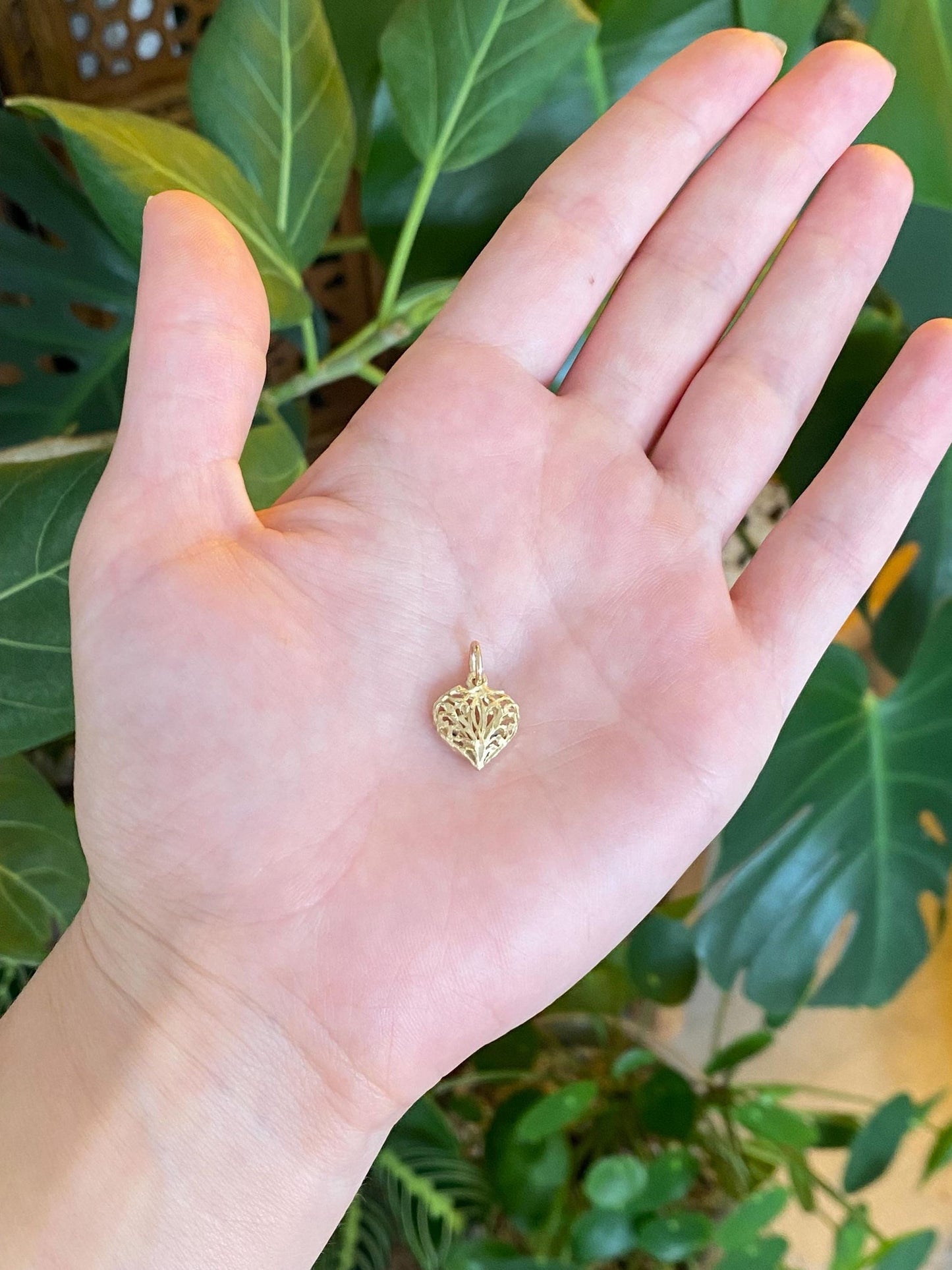 Solid 14k Yellow Gold Open Work Puffy Heart Charm