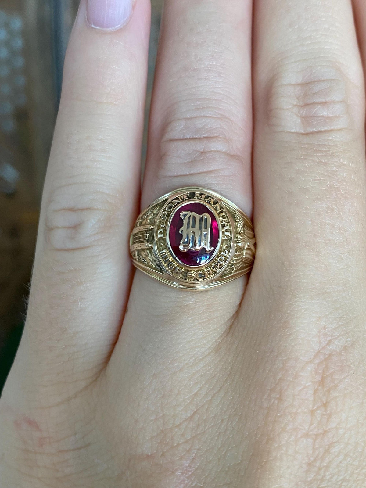 Vintage Solid 10k Yellow Gold Pink Sapphire 1957 Dupont Manual High School Class Ring - Size 5.75