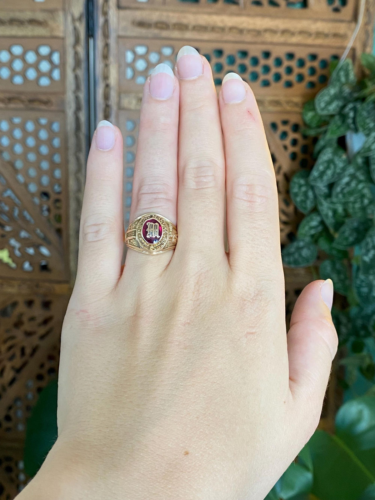 Vintage Solid 10k Yellow Gold Pink Sapphire 1957 Dupont Manual High School Class Ring - Size 5.75