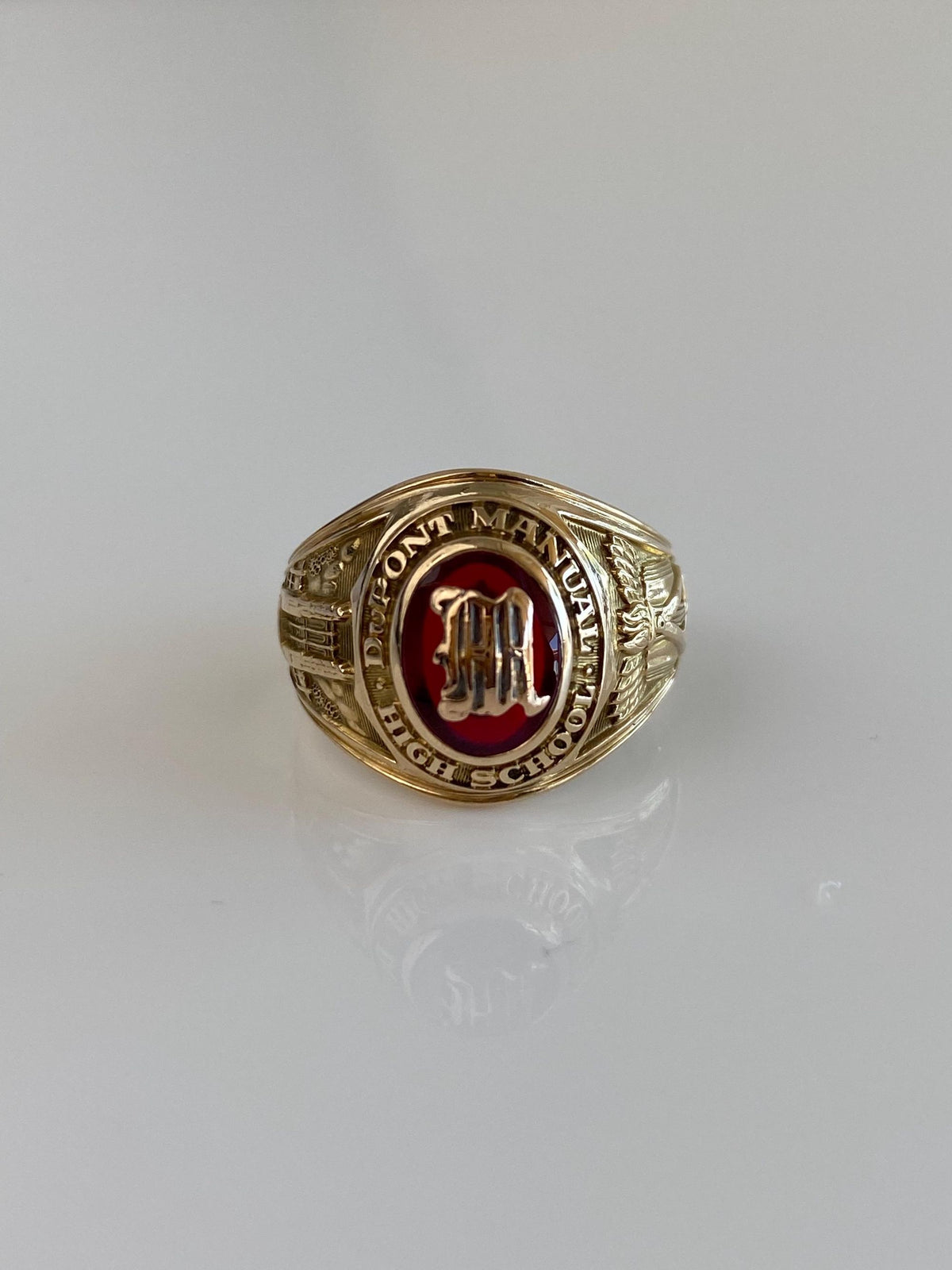 Vintage Solid 10k Yellow Gold Pink Sapphire 1957 Dupont Manual High School Class Ring - Size 5.75