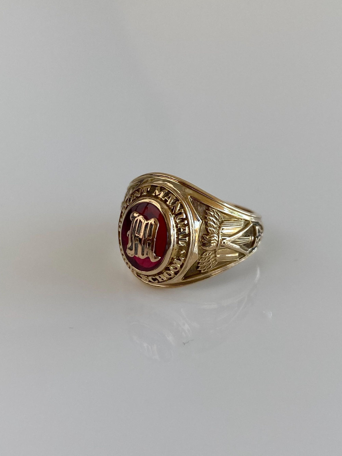 Vintage Solid 10k Yellow Gold Pink Sapphire 1957 Dupont Manual High School Class Ring - Size 5.75